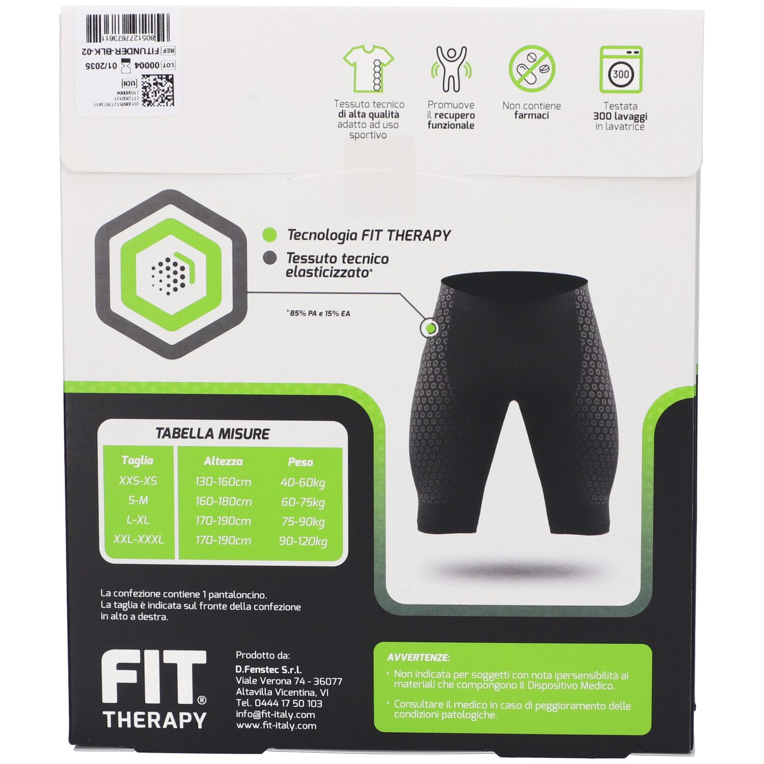 Retro confezione FIT THERAPY Pantal NE S/M. Immagine del prodotto, testo e tabella taglie. Dispositivo medico.