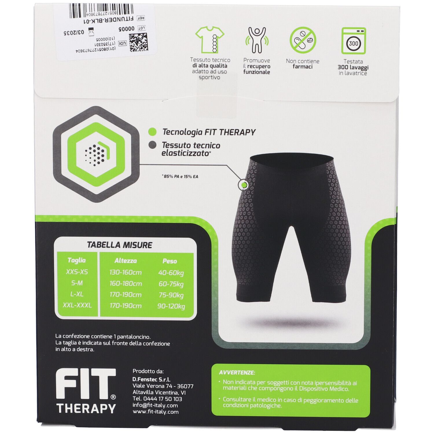 Retro confezione Pantaloni FIT THERAPY XXS/XS. Pantalone nero raffigurato. Informazioni taglie e testo: Tecnologia FIT THERAPY.