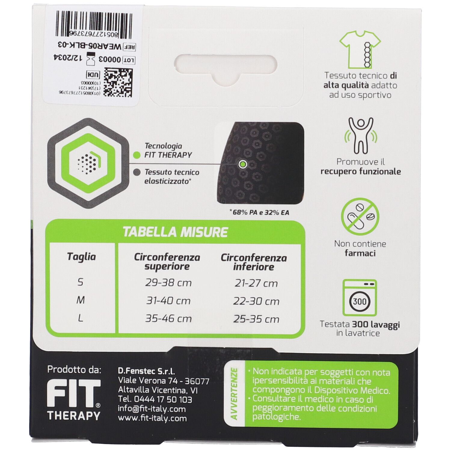 Retro confezione. Tabella misure, logo FIT THERAPY, informazioni produttore e testo.