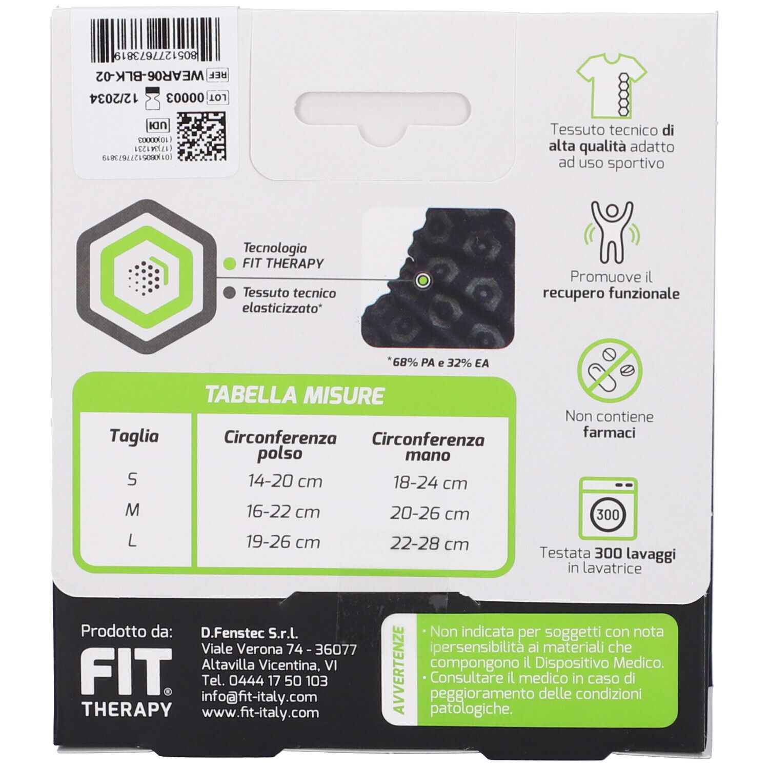 Retro confezione. Logo FIT THERAPY, tabella taglie, informazioni. Contiene 68% PA e 32% EA.