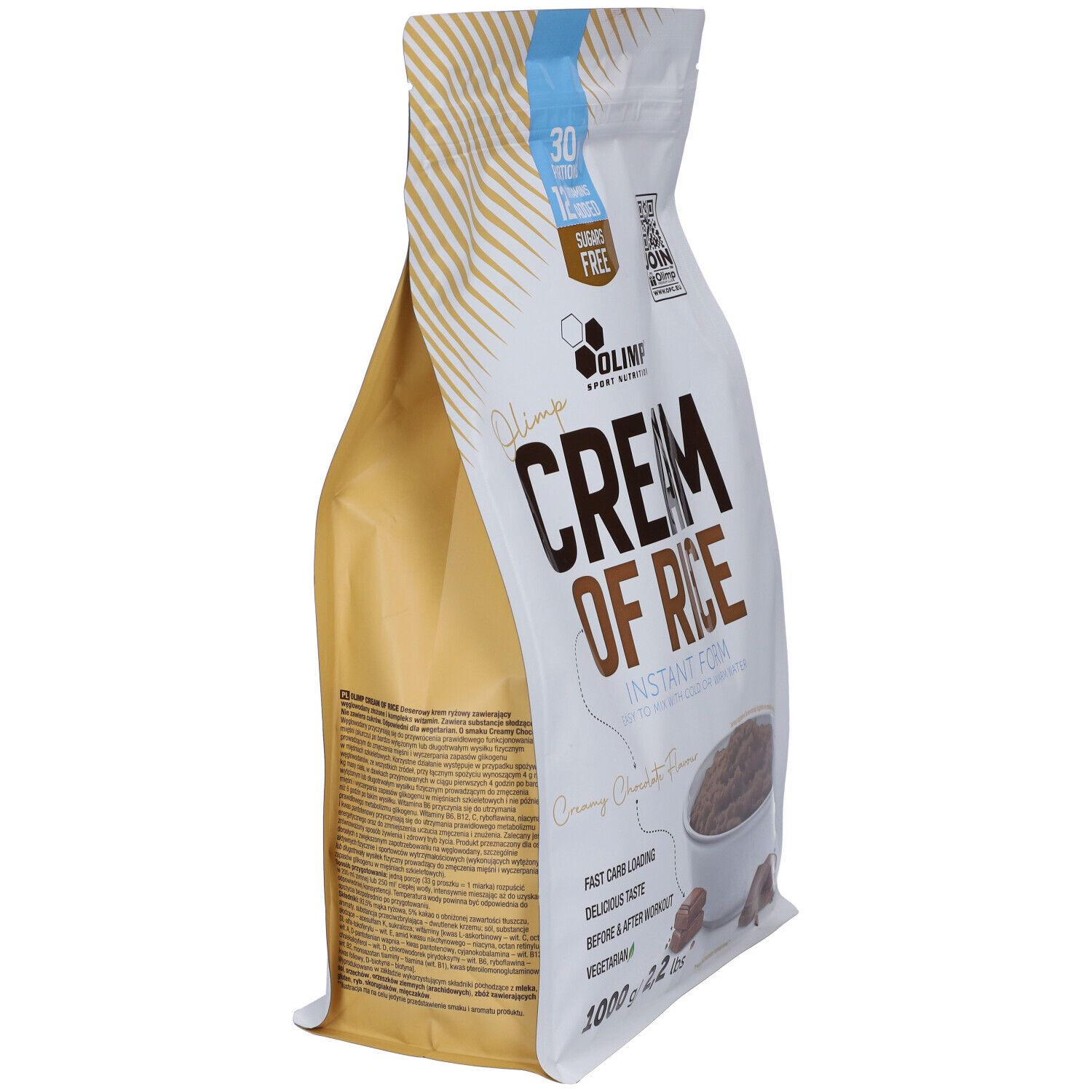 Busta Olimp Cream of Rice Instant Form, 1000g. Retro con informazioni nutrizionali e dettagli prodotto.