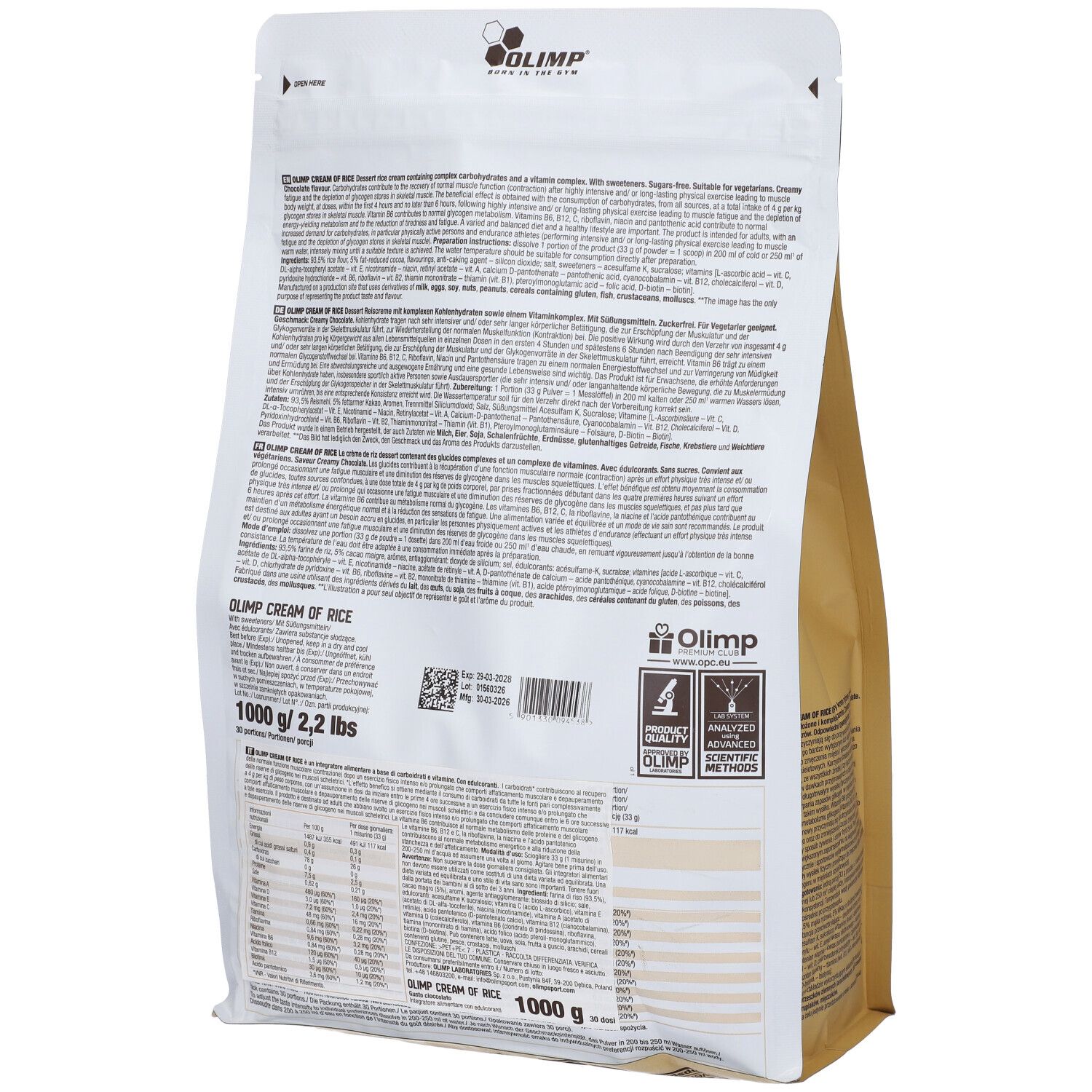 Busta Olimp Cream of Rice Instant Form, 1000g. Retro con informazioni nutrizionali e dettagli prodotto.