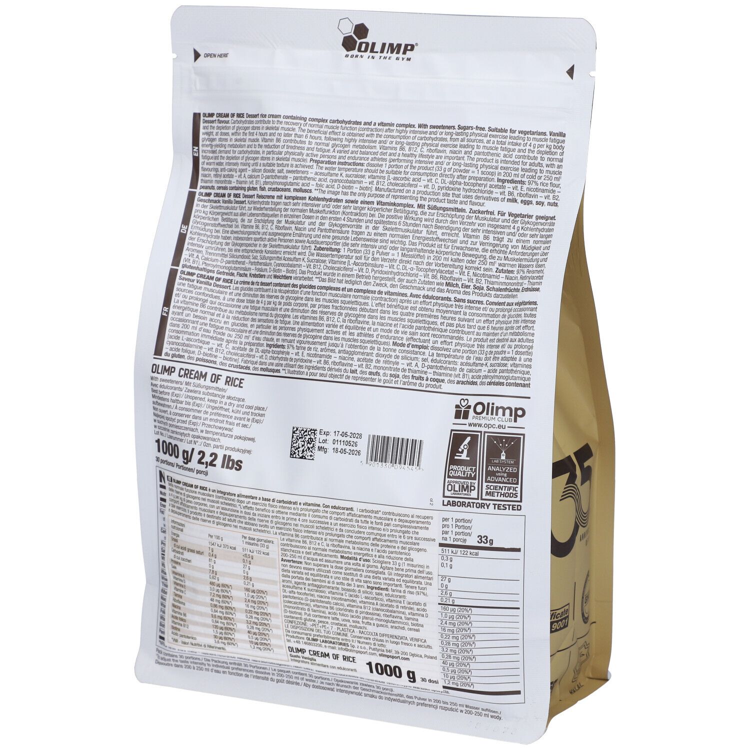 Retro busta Olimp Cream of Rice, 1000g. Informazioni nutrizionali e ingredienti in italiano.