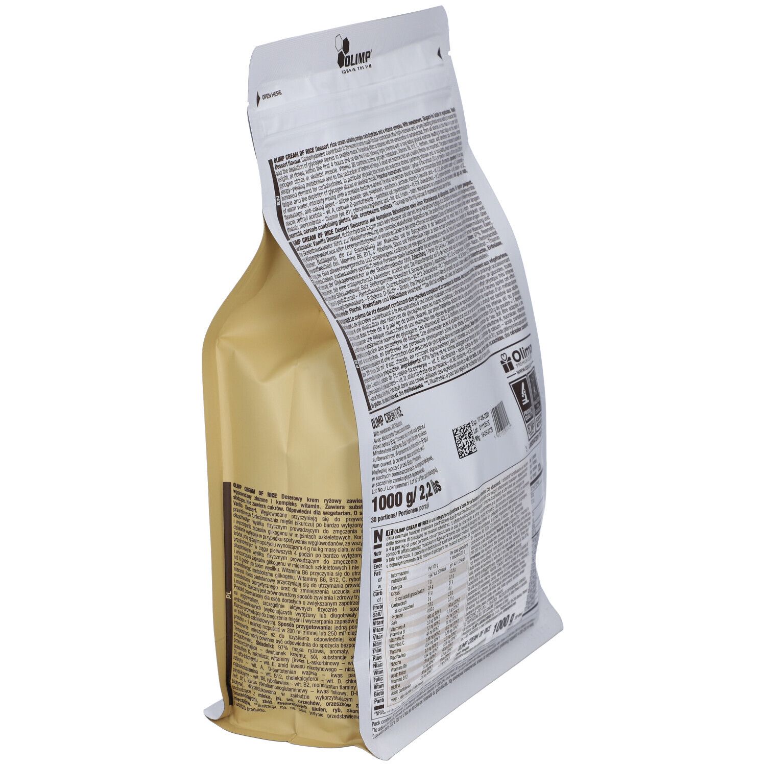Vista laterale busta Olimp Cream of Rice, 1000g. Con istruzioni dettagliate per l'uso.