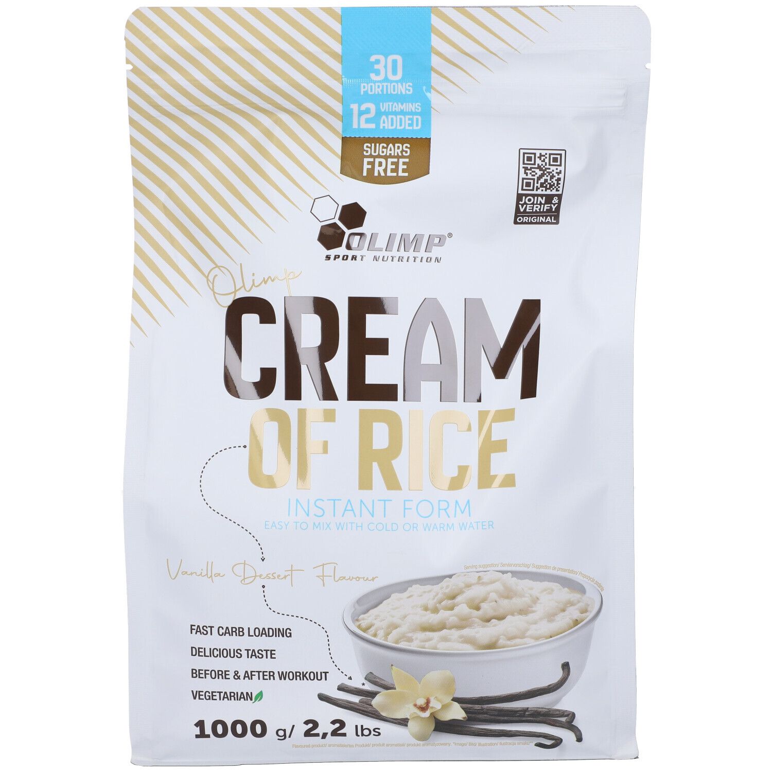 Busta Olimp Cream of Rice, 1000g, gusto Vaniglia Dessert. Facile da mescolare con acqua fredda o calda.