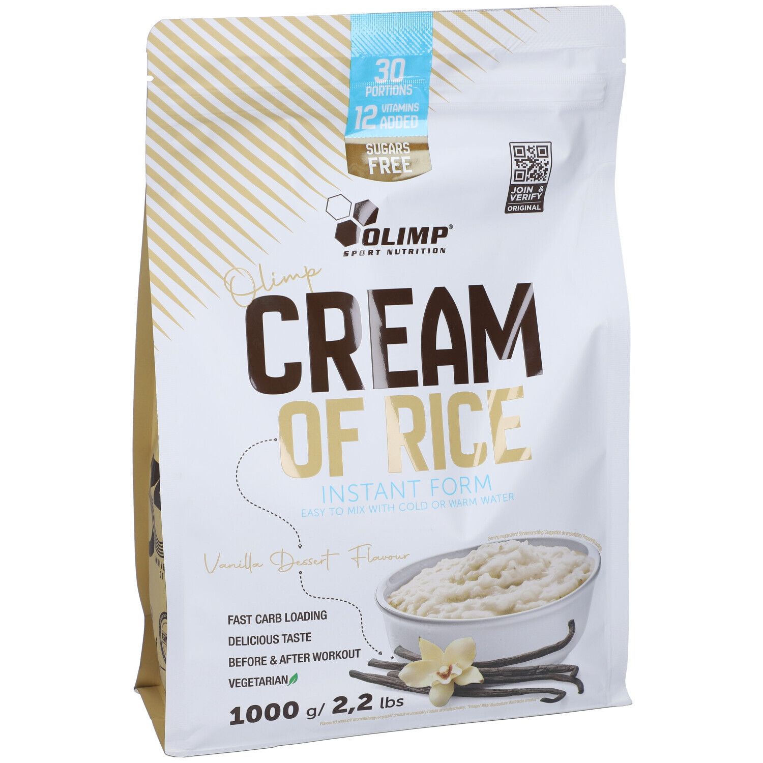 Busta Olimp Cream of Rice, 1000g, gusto Vaniglia Dessert. Per un rapido carico di carboidrati, vegetariano.