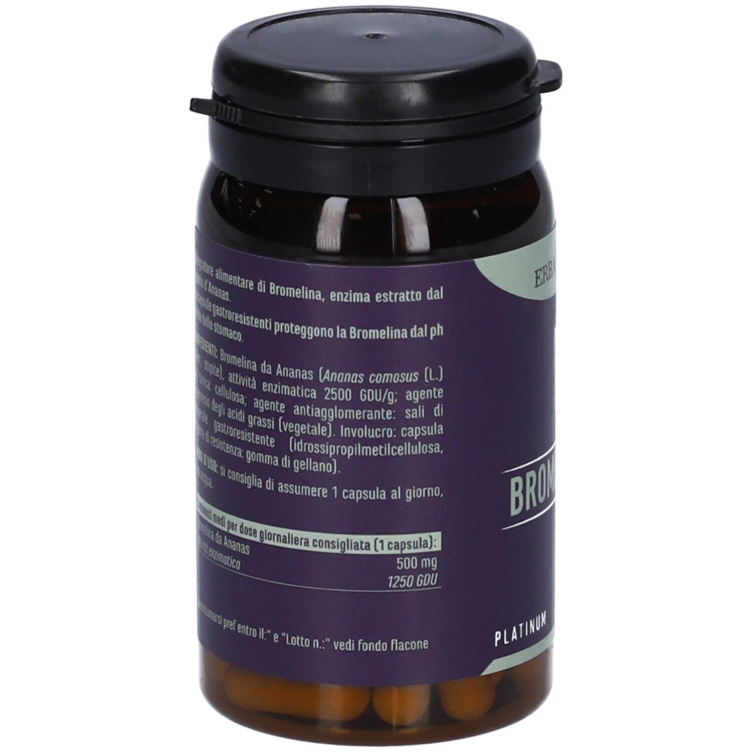 Retro del flacone di capsule marroni. Testo: ingredienti, istruzioni per l'uso. Marchio: ERBA VITA.