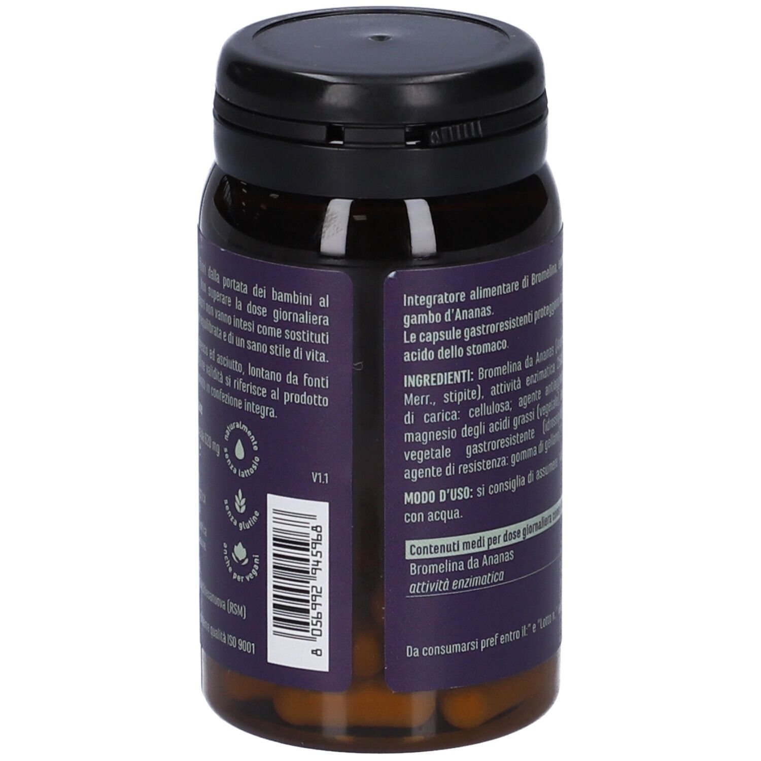 Retro del flacone di capsule marroni. Testo: ingredienti, istruzioni per l'uso. Marchio: ERBA VITA.