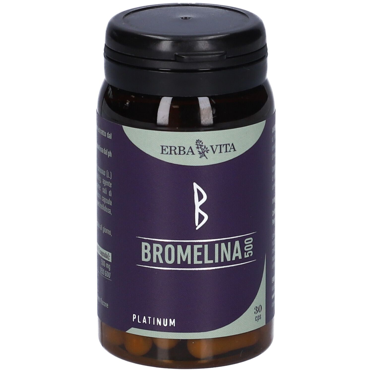 Capsule marroni in flacone con tappo nero. Scritta: BROMELINA 500, 30 cps. Marchio: ERBA VITA.