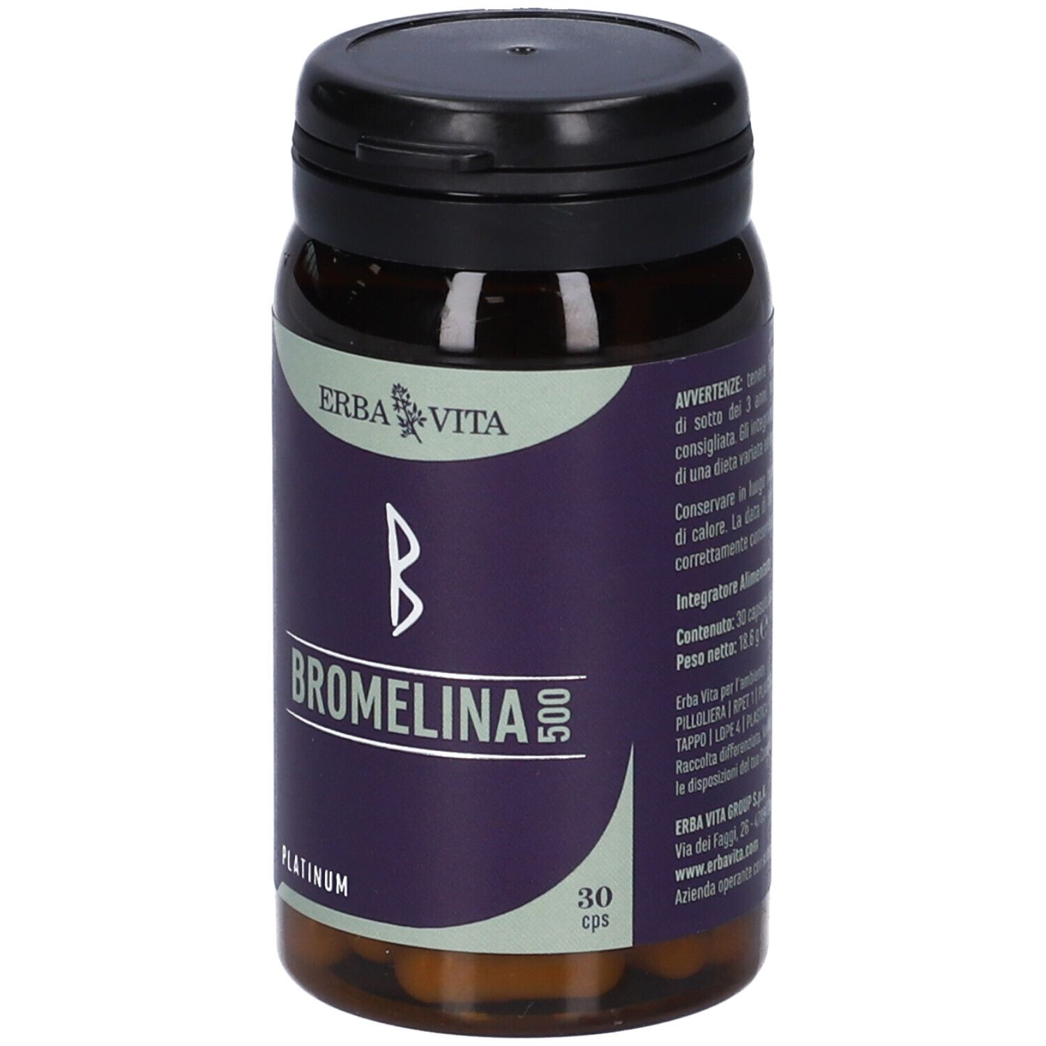 Capsule marroni in flacone con tappo nero. Scritta: BROMELINA 500, 30 cps. Marchio: ERBA VITA.