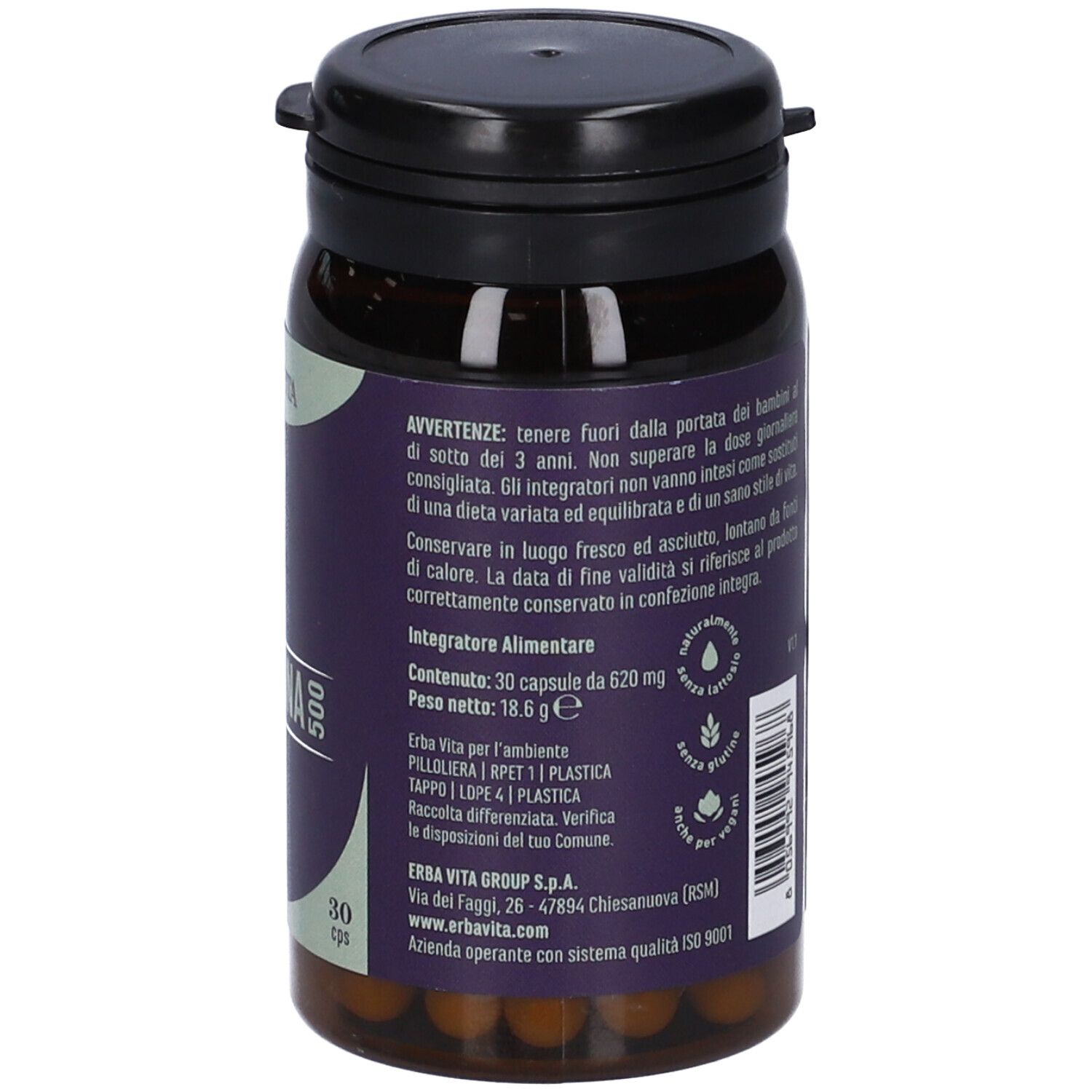 Retro del flacone di capsule marroni. Testo: ingredienti, istruzioni per l'uso. Marchio: ERBA VITA.