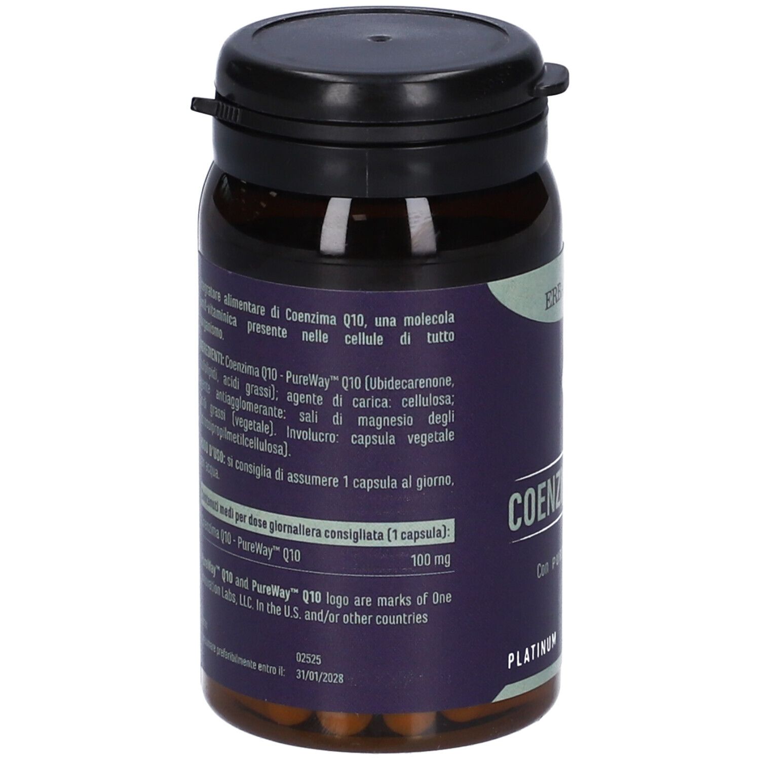 Retro del flacone con informazioni sugli ingredienti e dosaggio. Testo in italiano.