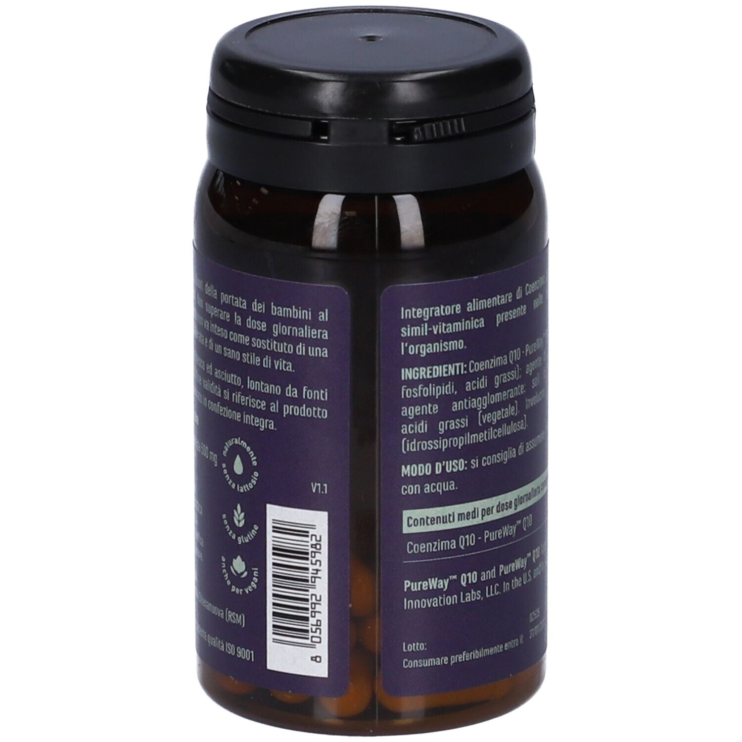 Retro del flacone con ingredienti e istruzioni per l'uso. Testo in italiano.