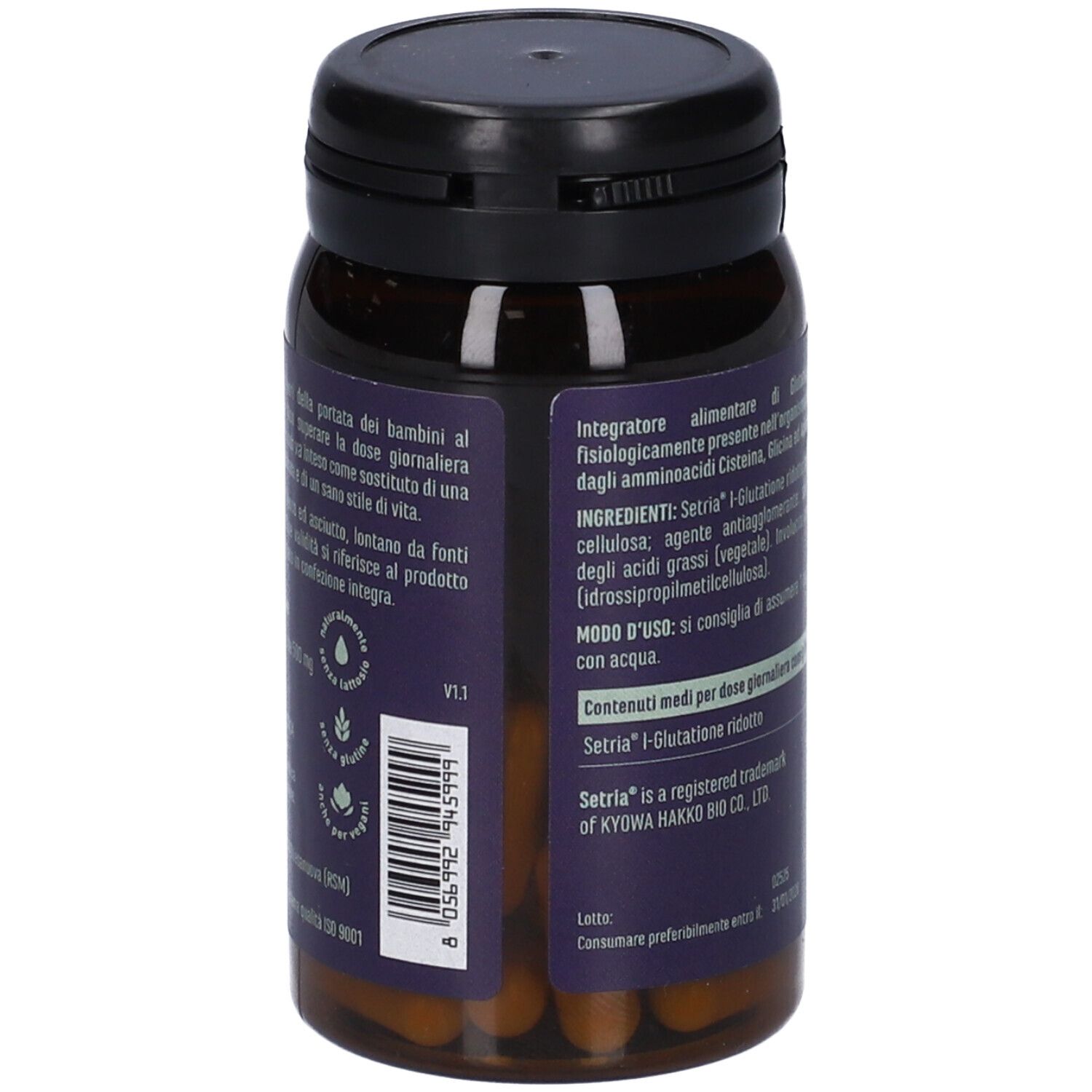 Retro del flacone. Informazioni testuali su sfondo viola. Contiene informazioni sugli ingredienti e l'uso.