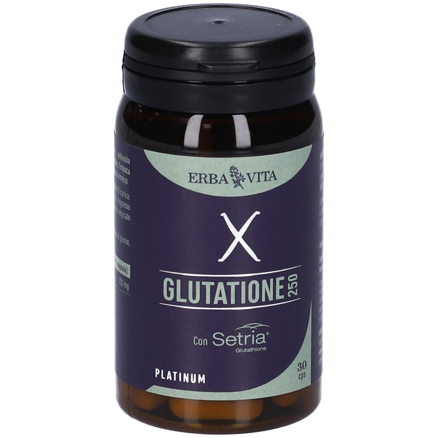 Flacone marrone con tappo nero. Etichetta con nome del prodotto e logo. Contiene 30 capsule.