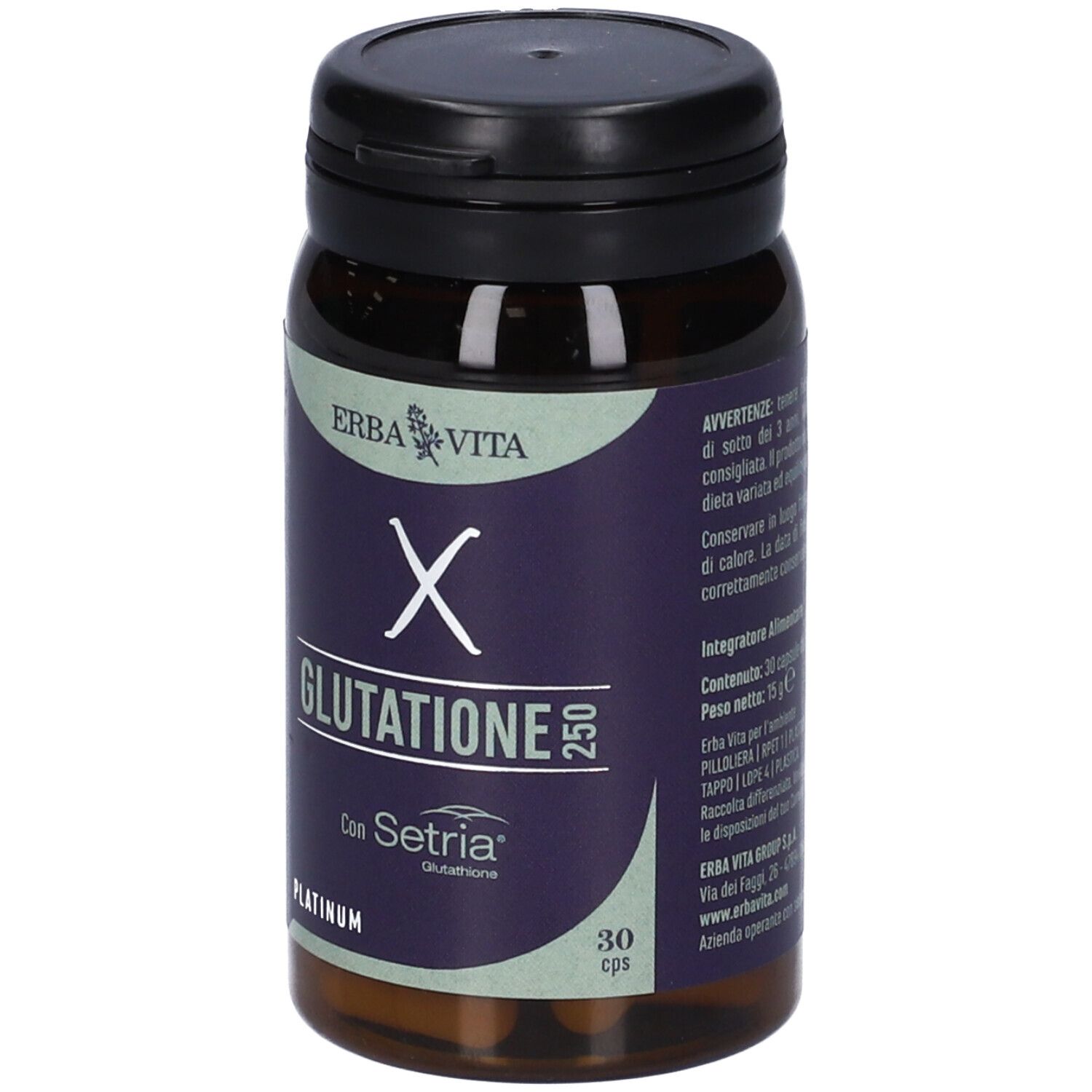 Flacone marrone con tappo nero. Etichetta con nome del prodotto e logo. Contiene 30 capsule.