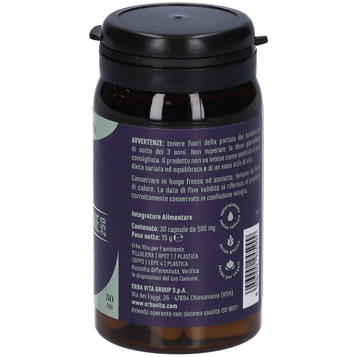 Retro del flacone. Informazioni testuali su sfondo viola. Contiene informazioni sugli ingredienti e il produttore.