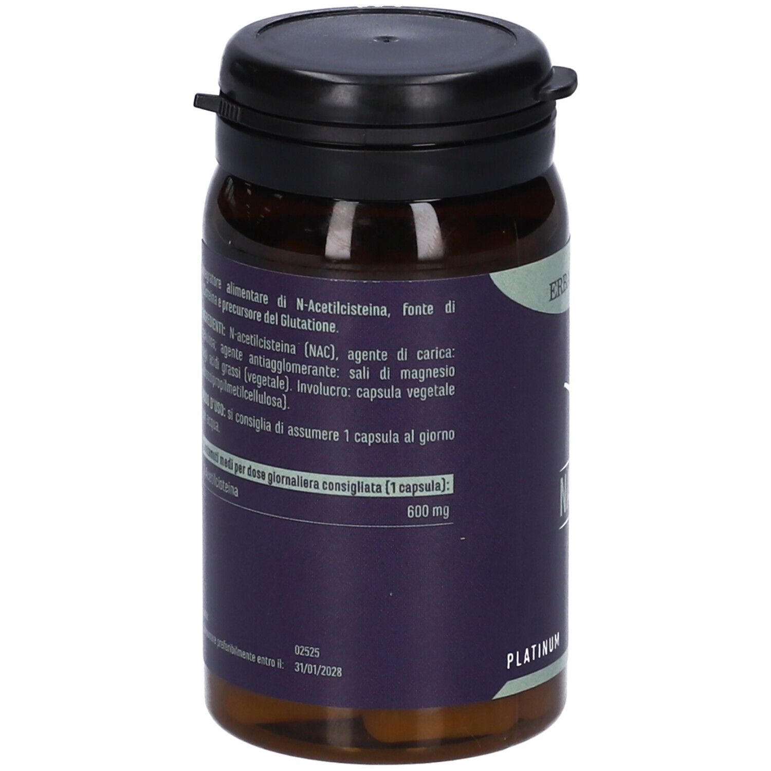 Flacone marrone con tappo nero. Etichetta con testo e informazioni sugli ingredienti.