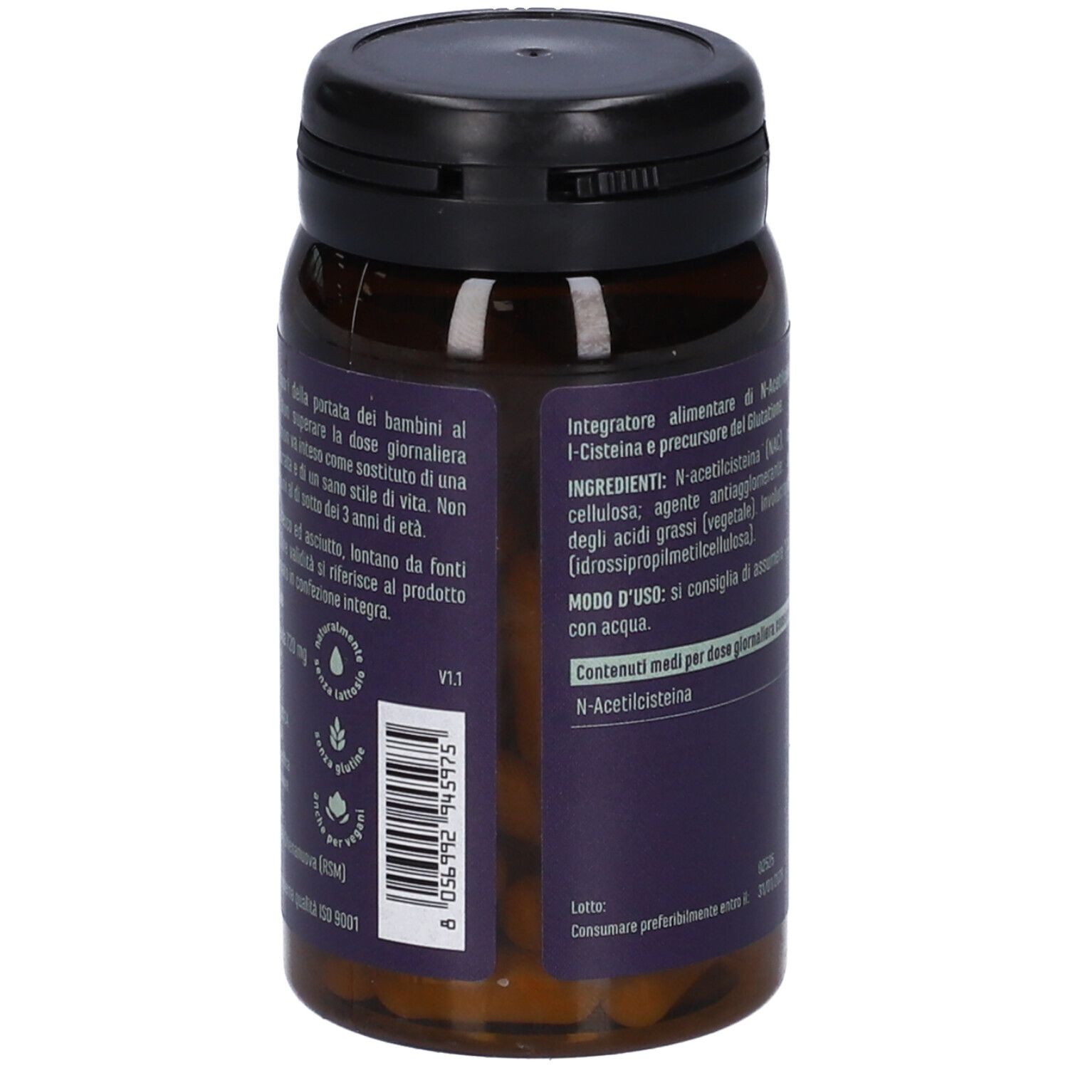 Flacone marrone con tappo nero. Etichetta con testo e informazioni sugli ingredienti.