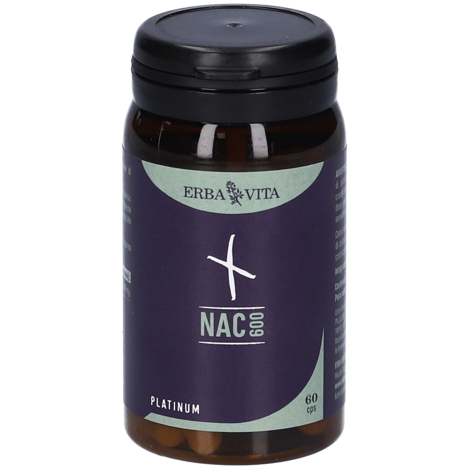 Flacone marrone con tappo nero. Etichetta con testo: NAC 600, 60 cps, logo Erba Vita.
