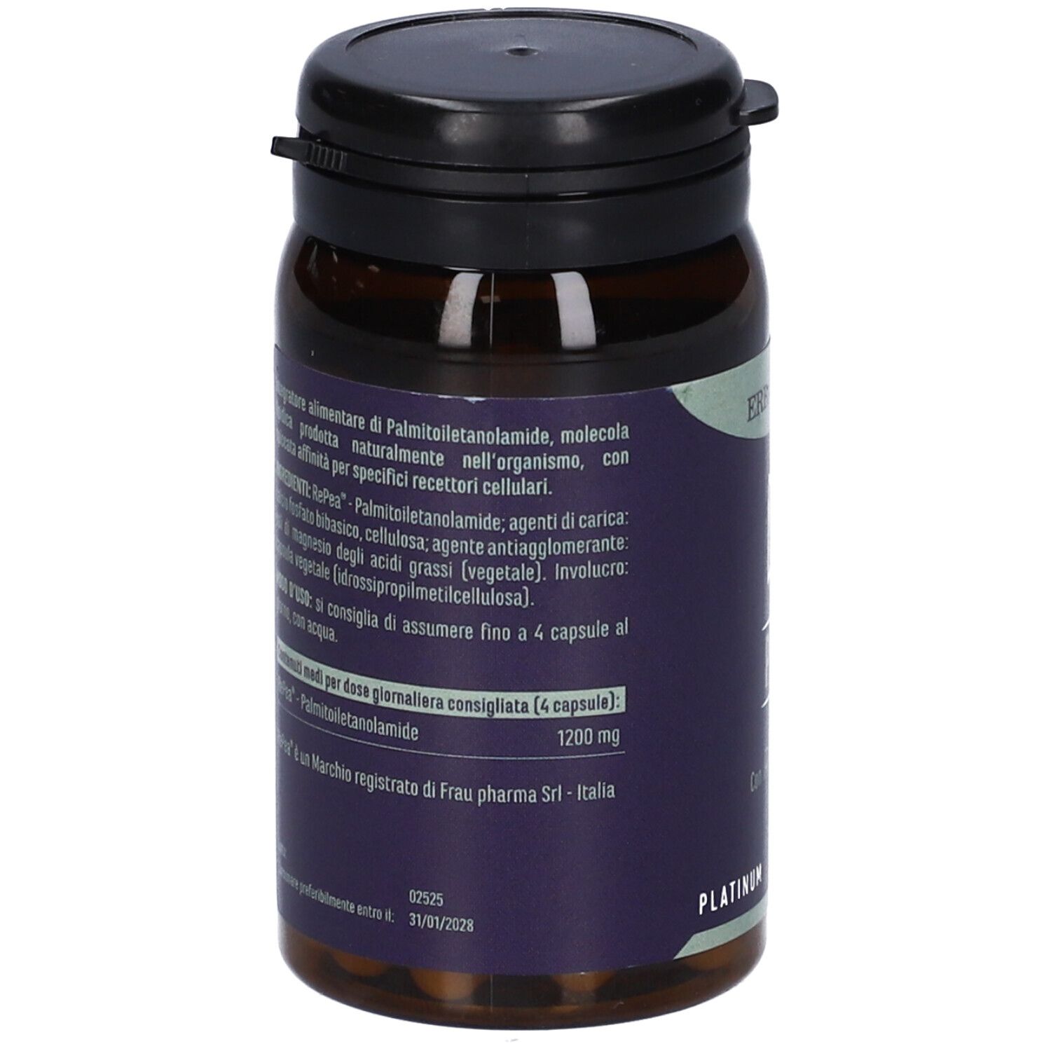 Flacone marrone con tappo nero. L'etichetta mostra ingredienti e dosaggio.