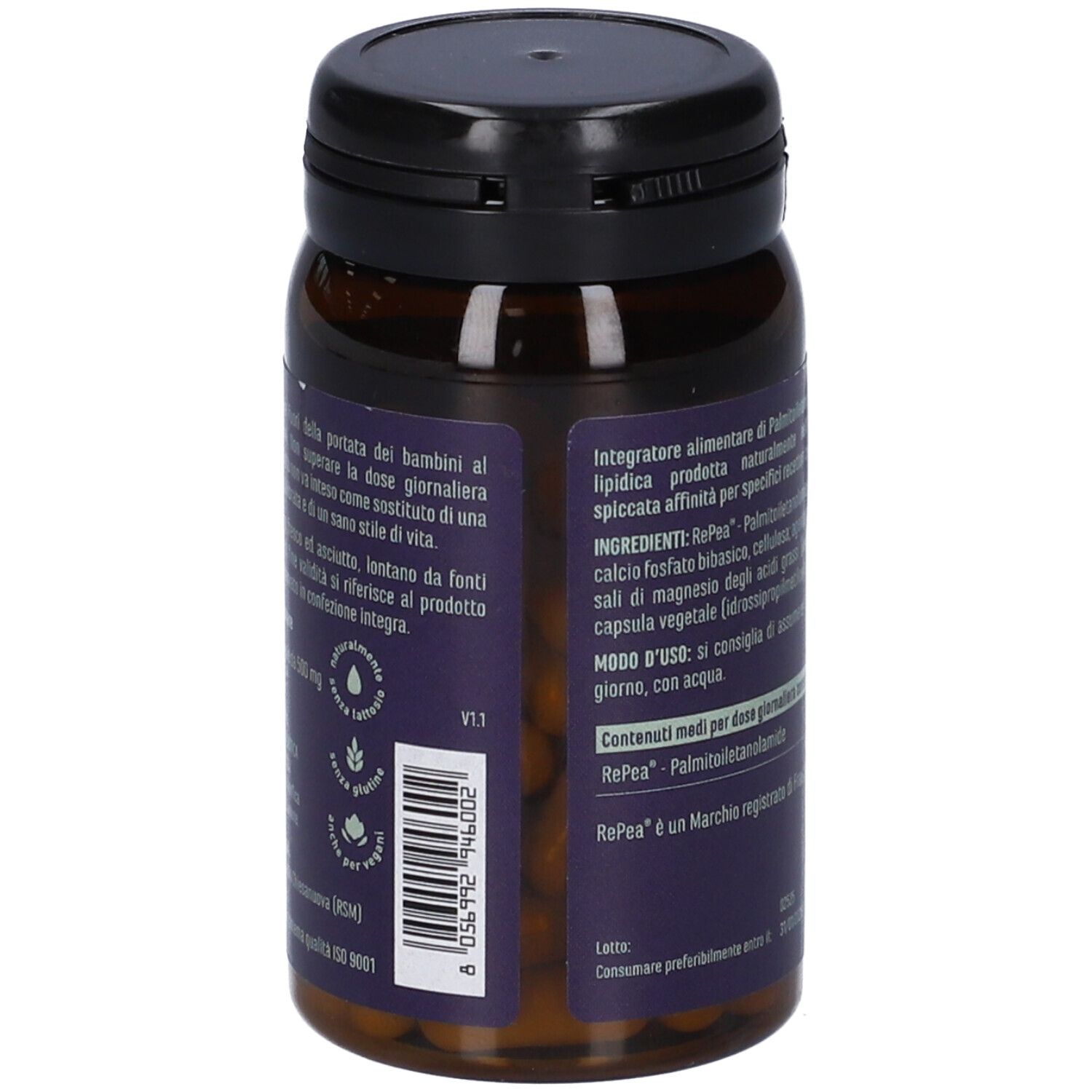 Flacone marrone con tappo nero. L'etichetta mostra ingredienti e istruzioni per l'uso.