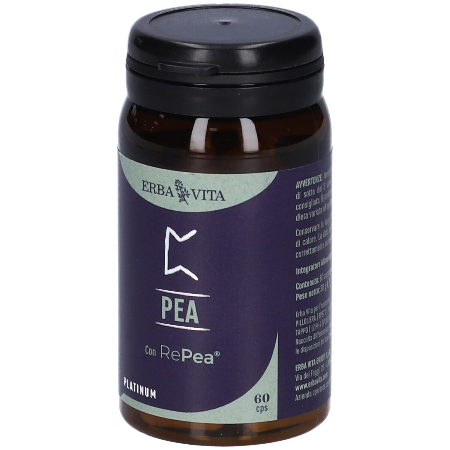 Flacone marrone con tappo nero. L'etichetta riporta "ERBA VITA", "PEA" e "60 cps".
