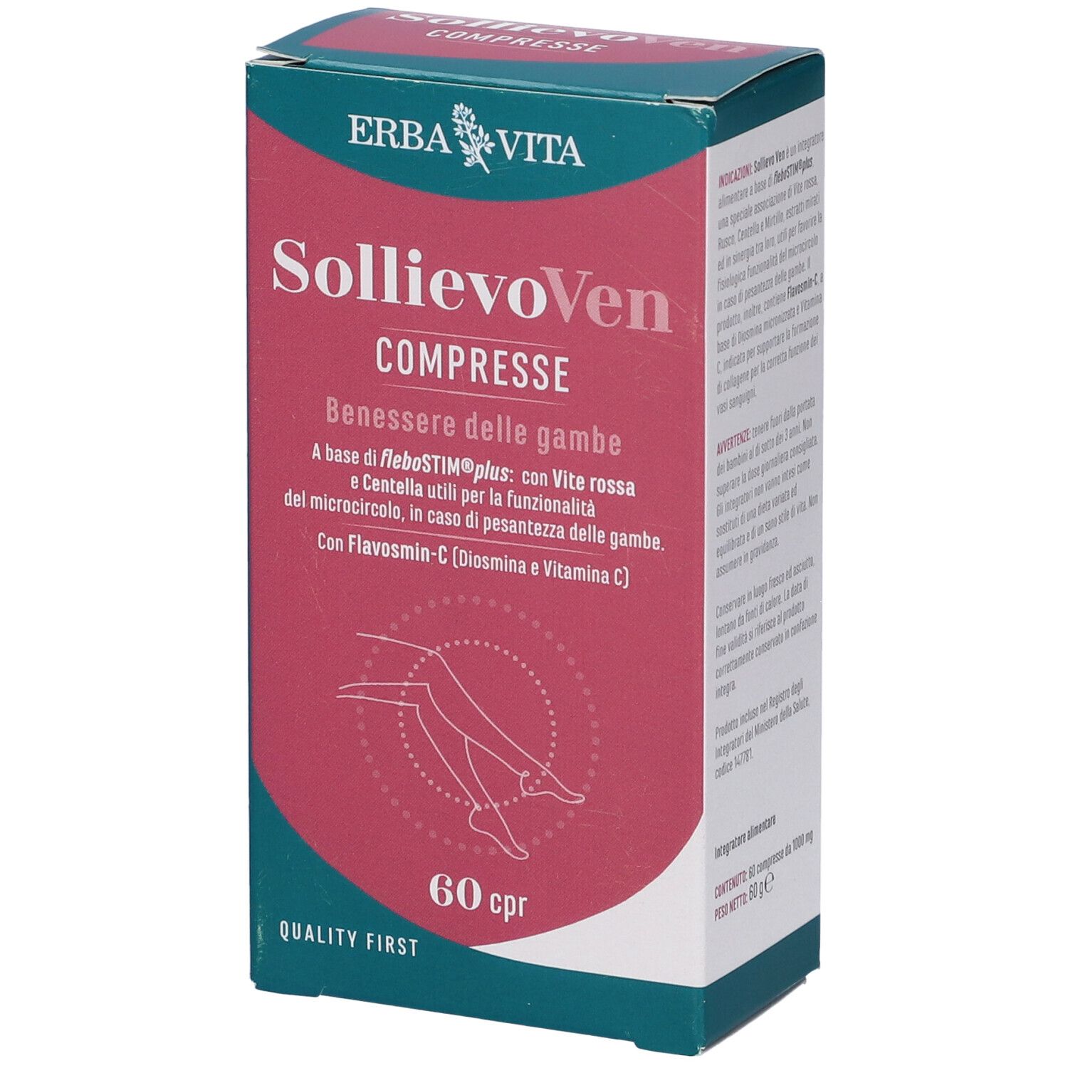 Scatola Erba Vita SollievoVen Compresse. Scritta bianca e rossa, 60 compresse. Illustrazione gambe.
