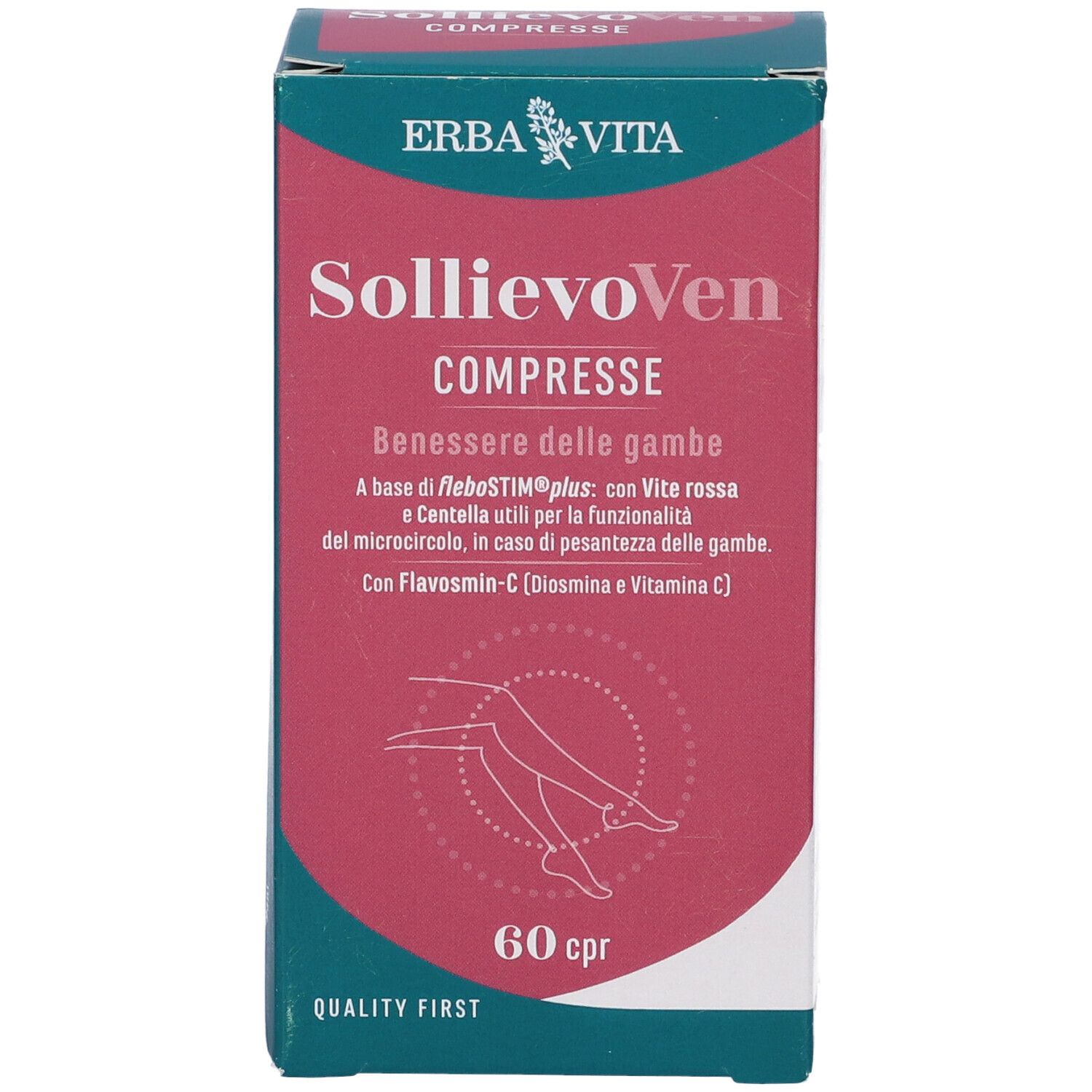 Scatola Erba Vita SollievoVen Compresse. Scritta bianca e rossa, 60 compresse. Illustrazione gambe.