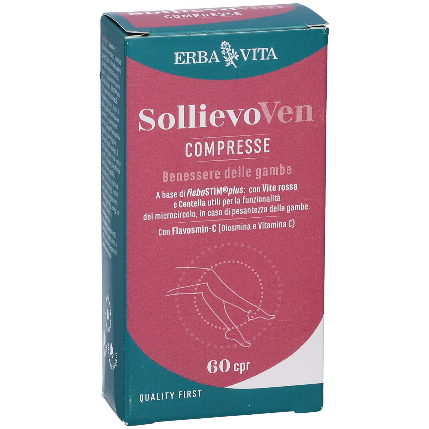 Scatola Erba Vita SollievoVen Compresse. Scritta bianca e rossa, 60 compresse. Illustrazione gambe.