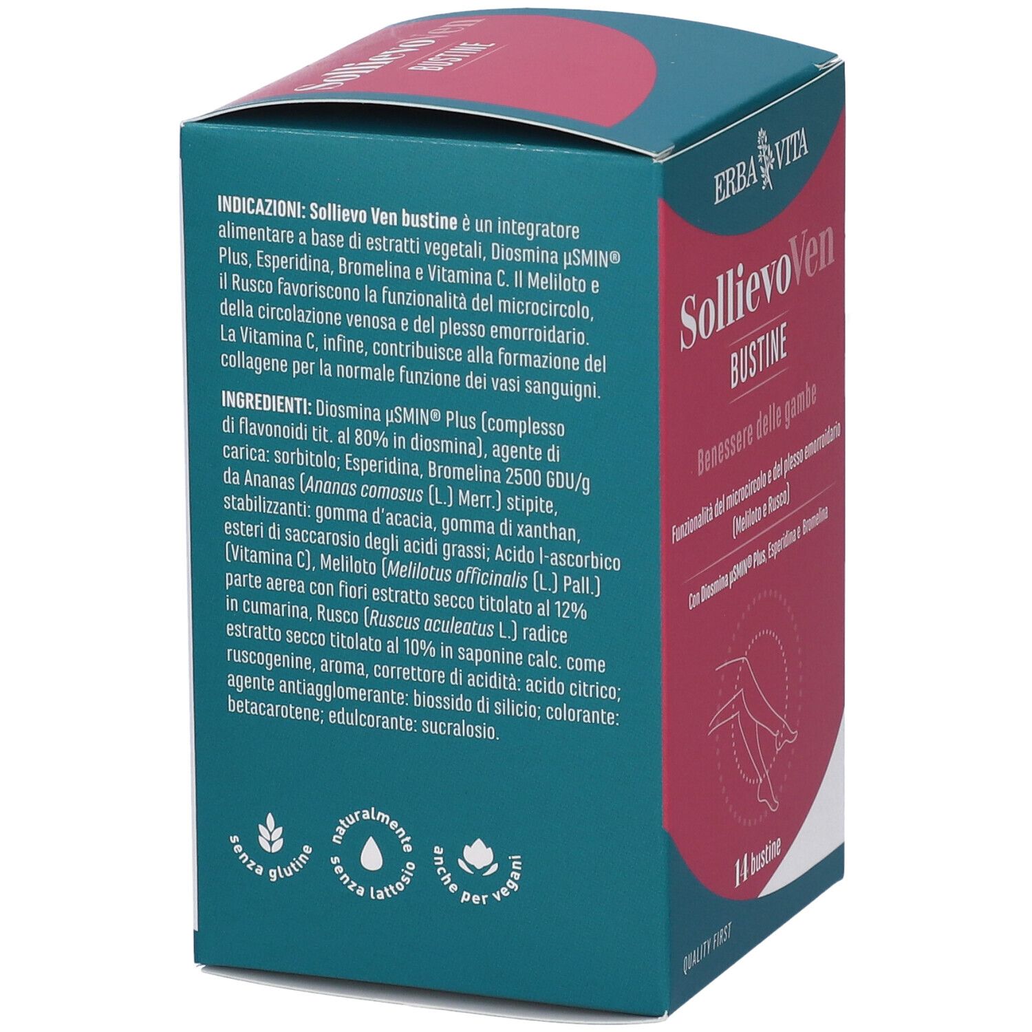 Retro della scatola SOLLIEVO VEN 14BUST. Testo: Ingredienti, senza glutine, senza lattosio, vegano. Marchio ERBA VITA.