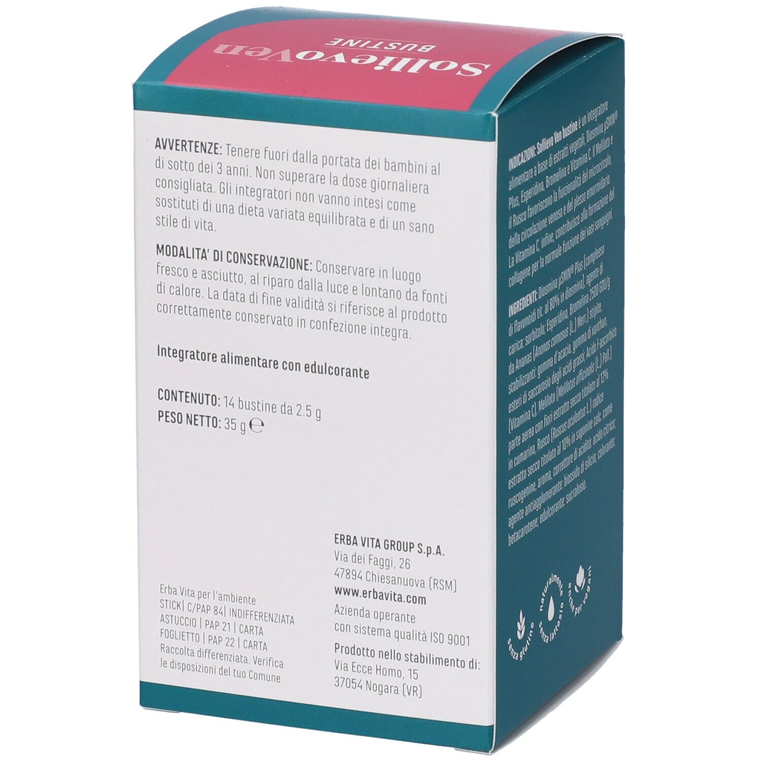 Lato della scatola SOLLIEVO VEN 14BUST. Testo: Contenuto 14 bustine, 35 g. Indirizzo ERBA VITA GROUP. Scadenza.