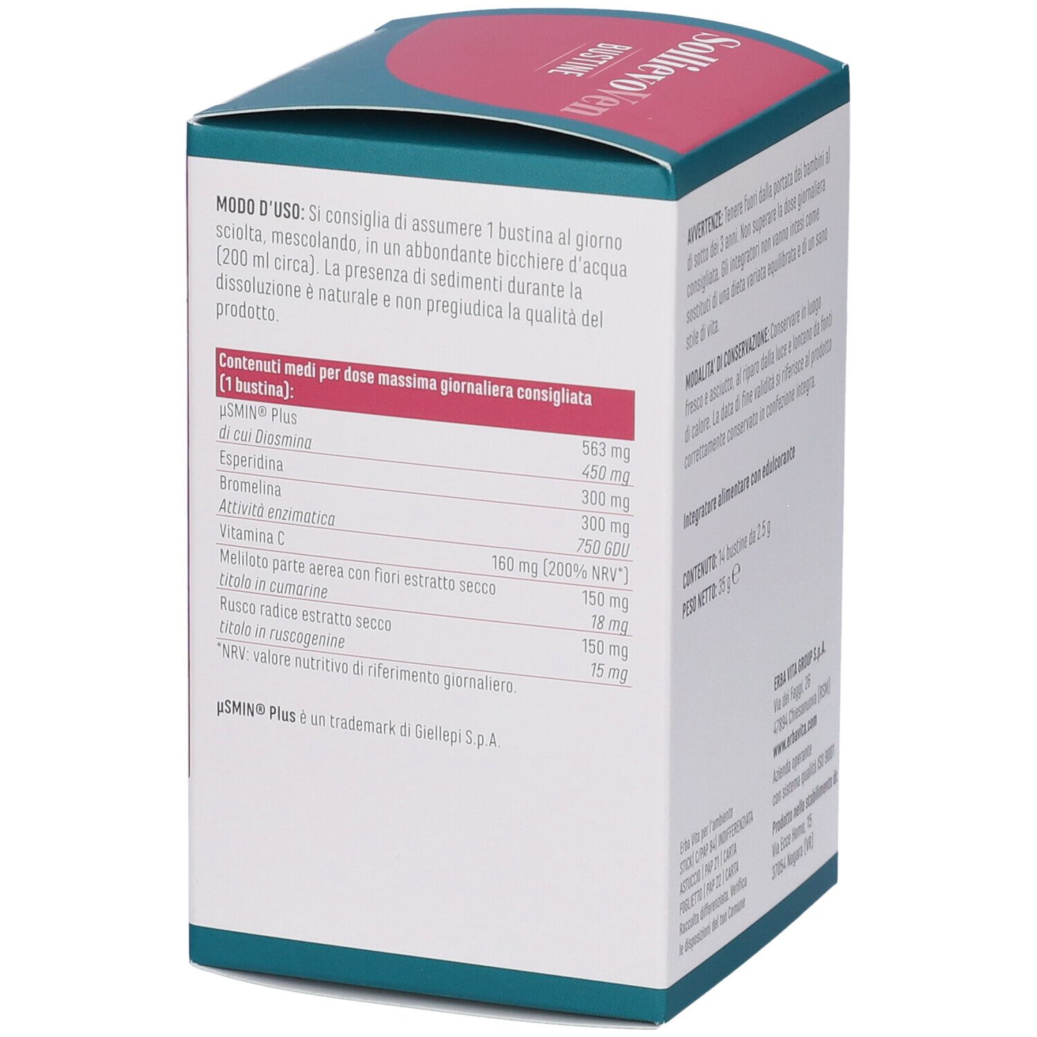 Lato della scatola SOLLIEVO VEN 14BUST. Testo: Modo d'uso, ingredienti per bustina. Marchio ERBA VITA.
