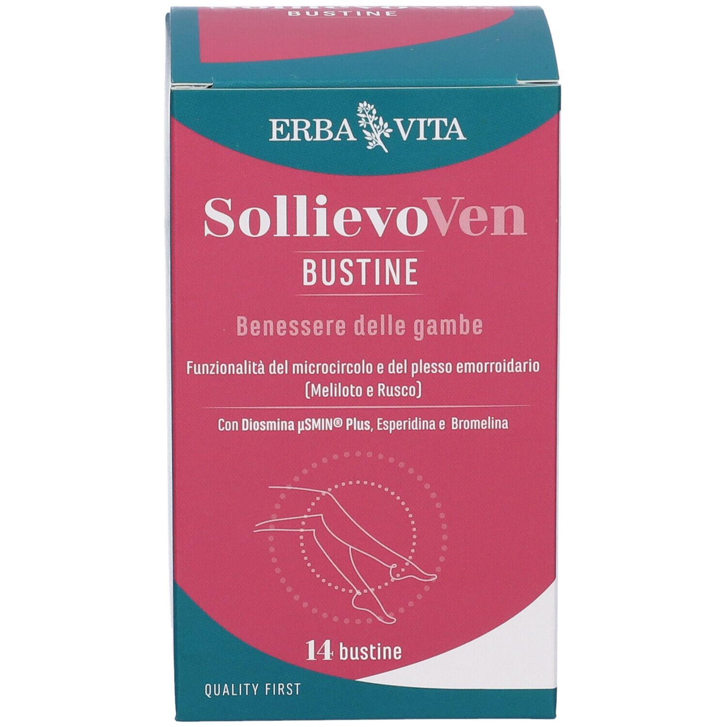 Scatola SOLLIEVO VEN 14BUST. Marchio ERBA VITA. Rosa e bianco. Testo: Beneessere delle gambe, 14 bustine.
