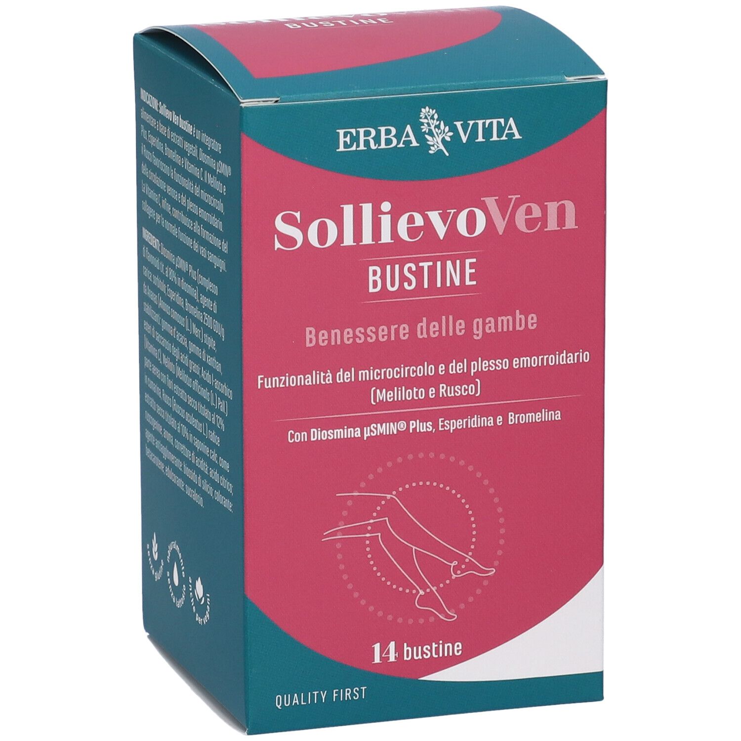 Scatola SOLLIEVO VEN 14BUST. Marchio ERBA VITA. Rosa e bianco. Testo: Beneessere delle gambe, 14 bustine.