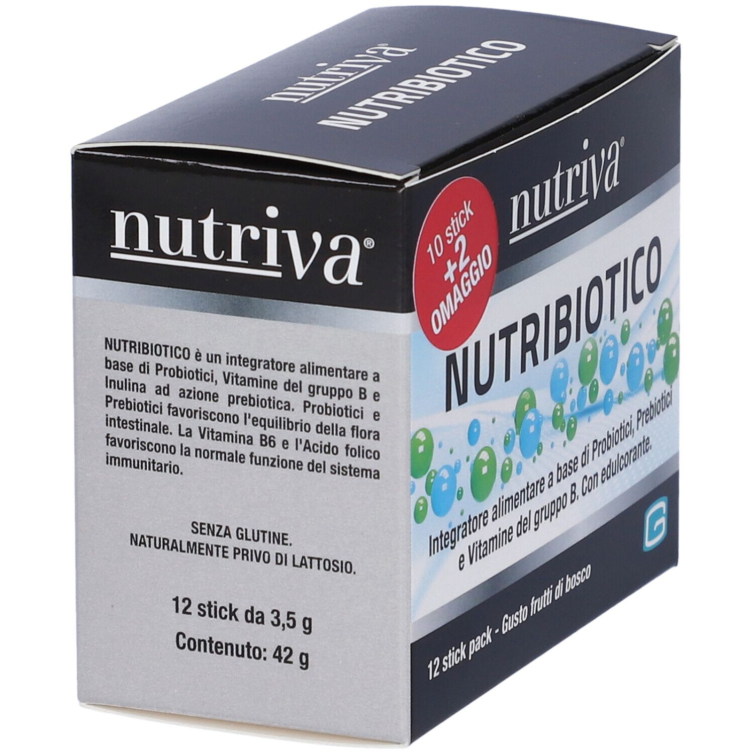 Scatola Nutriva Nutribiotico, 12 stick. Testo: Nutribiotico, 12 stick, 42g. Contiene probiotici, prebiotici e vitamina B.