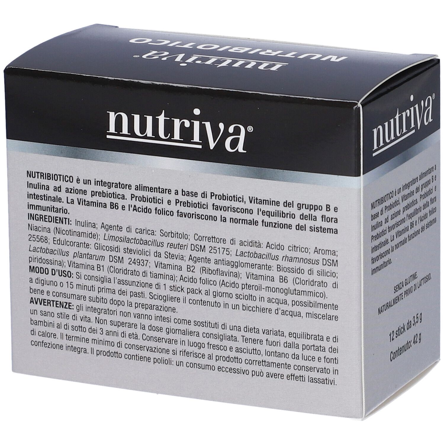 Scatola Nutriva Nutribiotico. Testo: Nutribiotico, ingredienti, istruzioni per l'uso. Contiene probiotici, prebiotici e vitamina B.