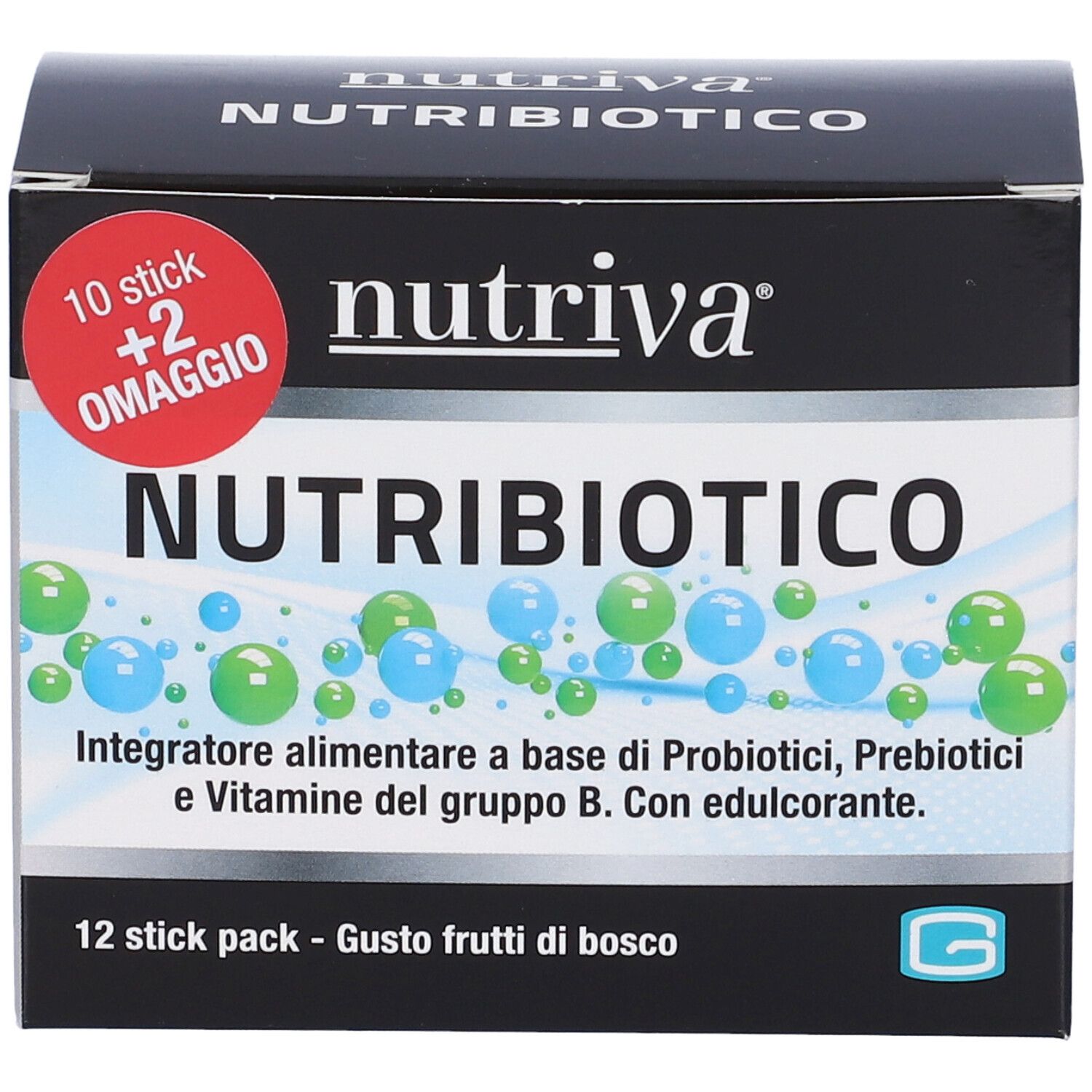 Scatola Nutriva Nutribiotico, 12 stick. Scritto: Nutribiotico, 10+2 omaggio. Contiene probiotici, prebiotici e vitamina B.