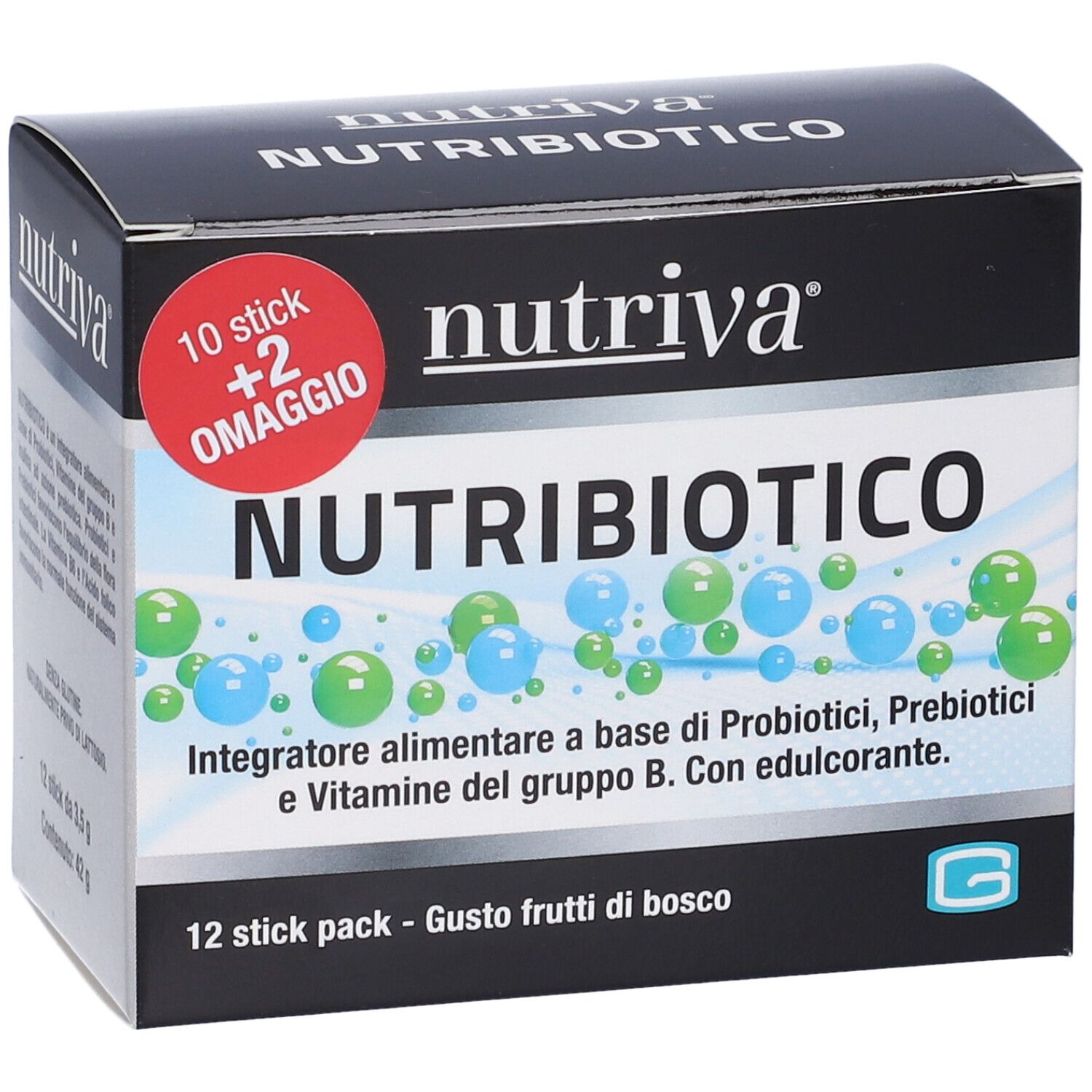 Scatola Nutriva Nutribiotico, 12 stick. Scritto: Nutribiotico, 10+2 omaggio. Contiene probiotici, prebiotici e vitamina B.