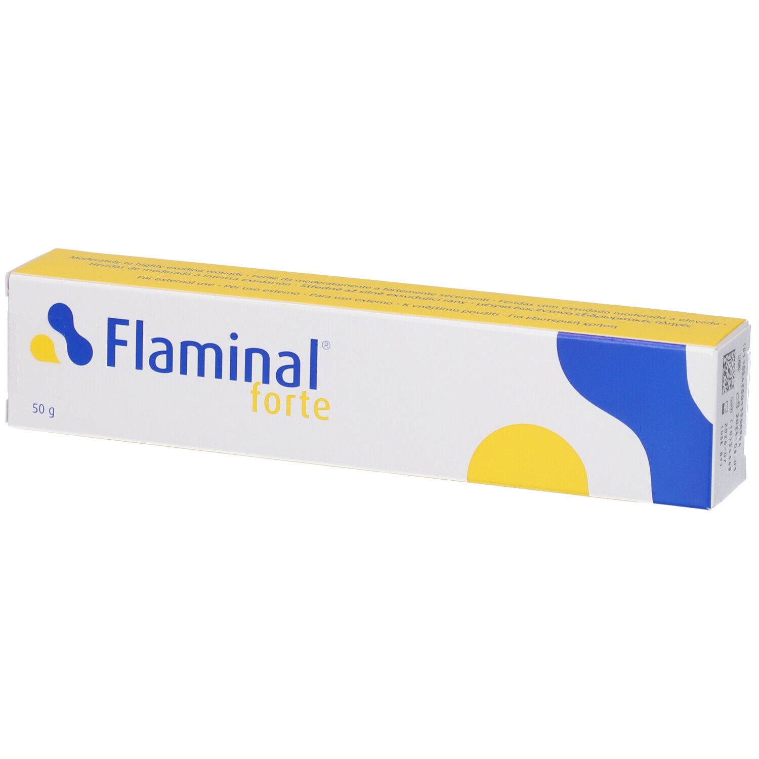 Scatola con nome del prodotto. Design blu e giallo. Testo: Flaminal forte, 50 g.