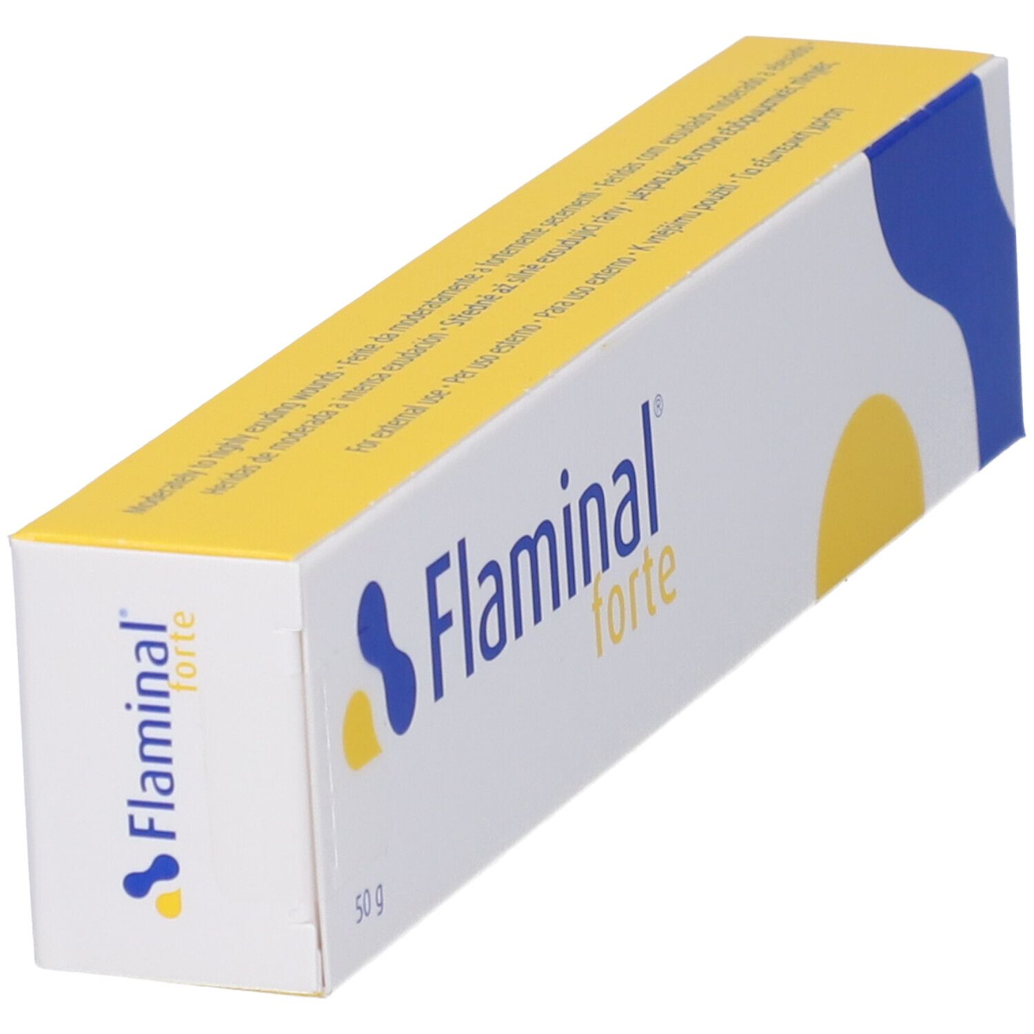 Scatola con nome del prodotto. Design blu e giallo. Testo: Flaminal forte, 50 g.