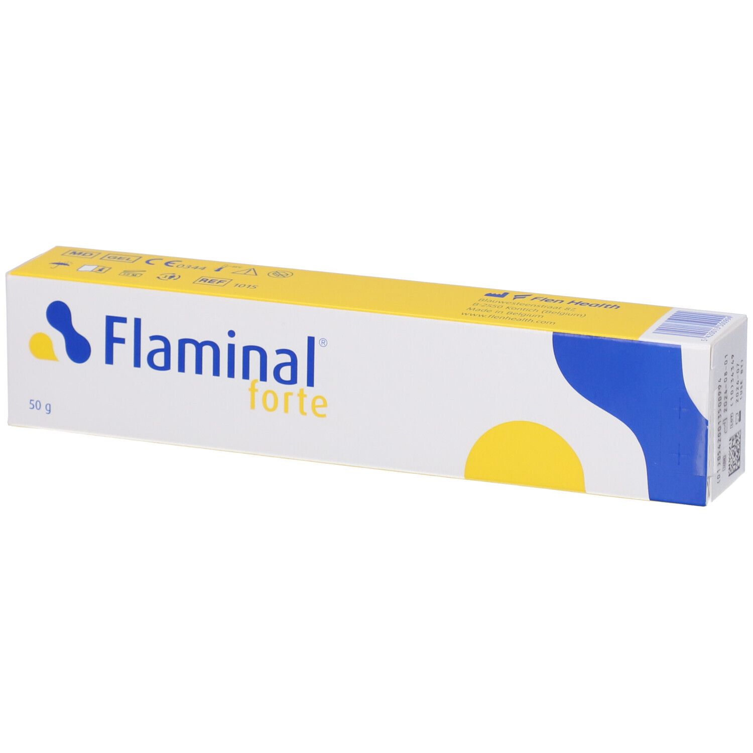 Scatola con nome del prodotto. Design blu e giallo. Testo: Flaminal forte, 50 g.