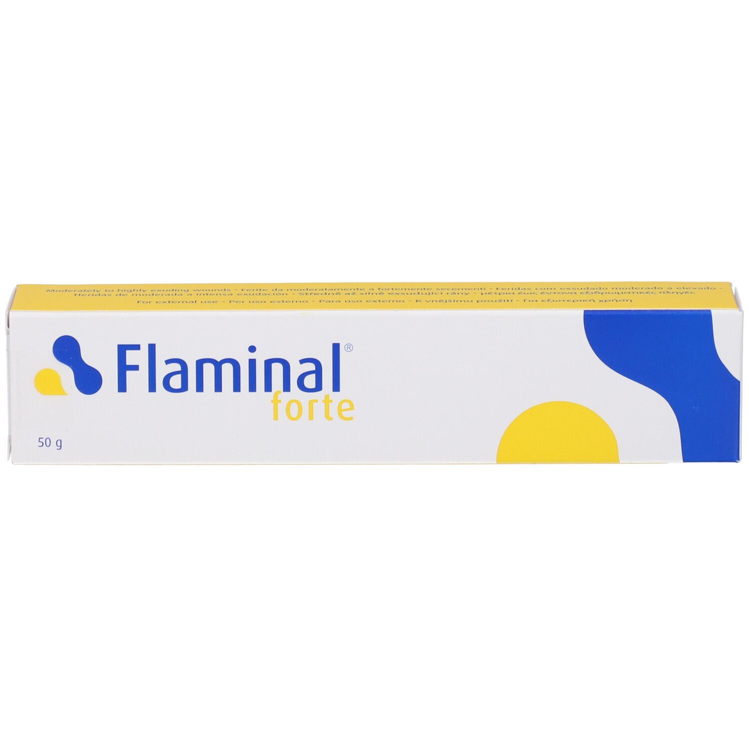 Scatola con nome del prodotto. Design blu e giallo. Testo: Flaminal forte, 50 g.