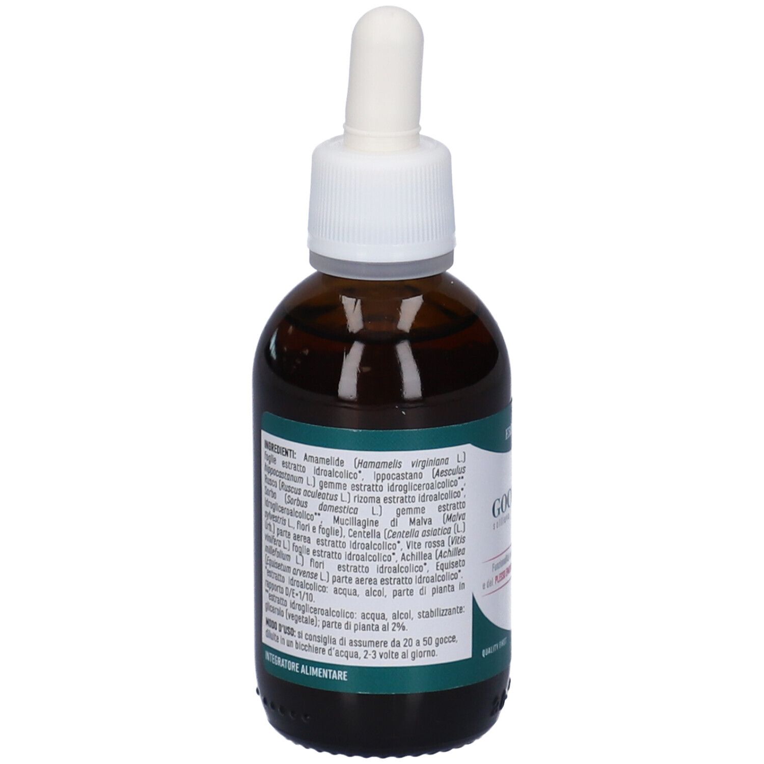 Flacone di vetro marrone con contagocce bianco. Etichetta con ingredienti e testo. 50 ml.