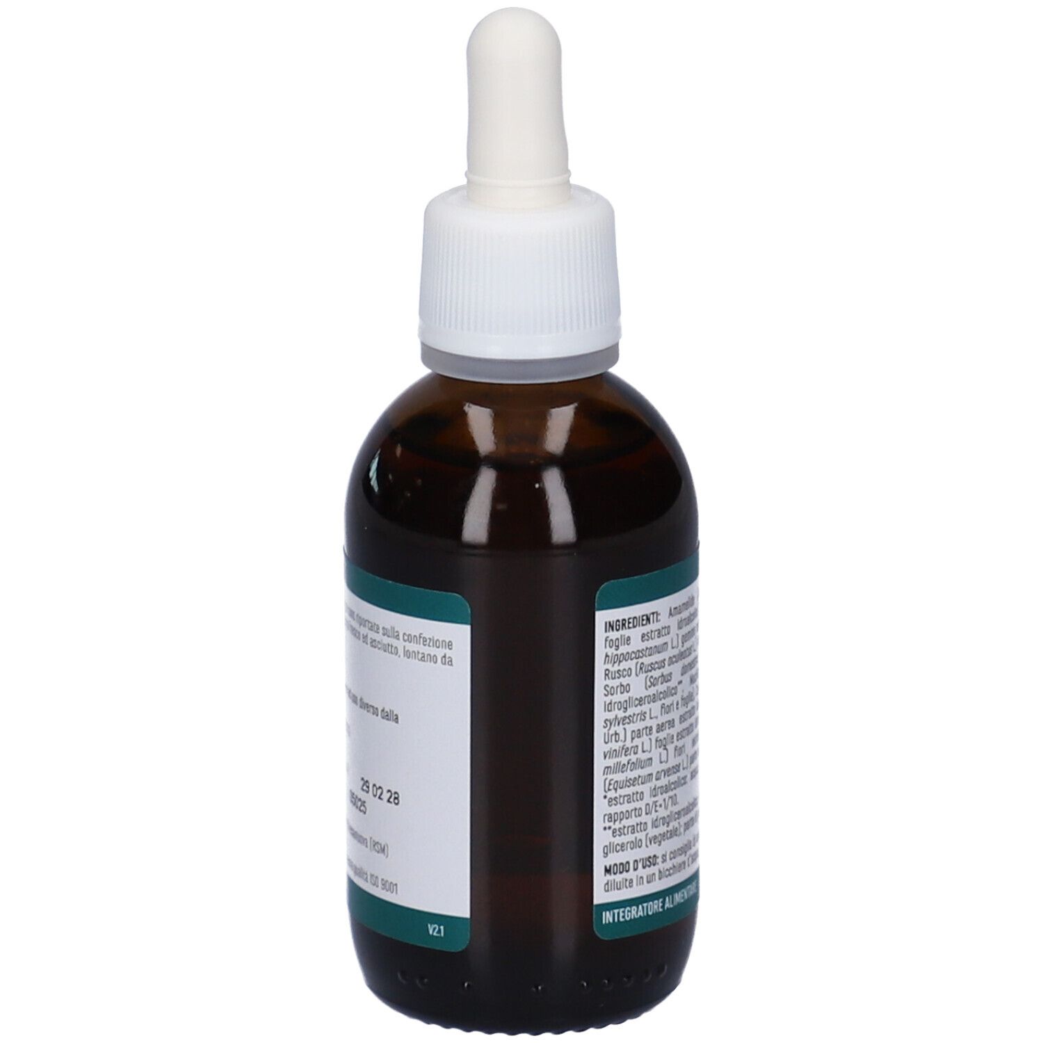Flacone di vetro marrone con contagocce bianco. Etichetta con testo e informazioni. 50 ml.