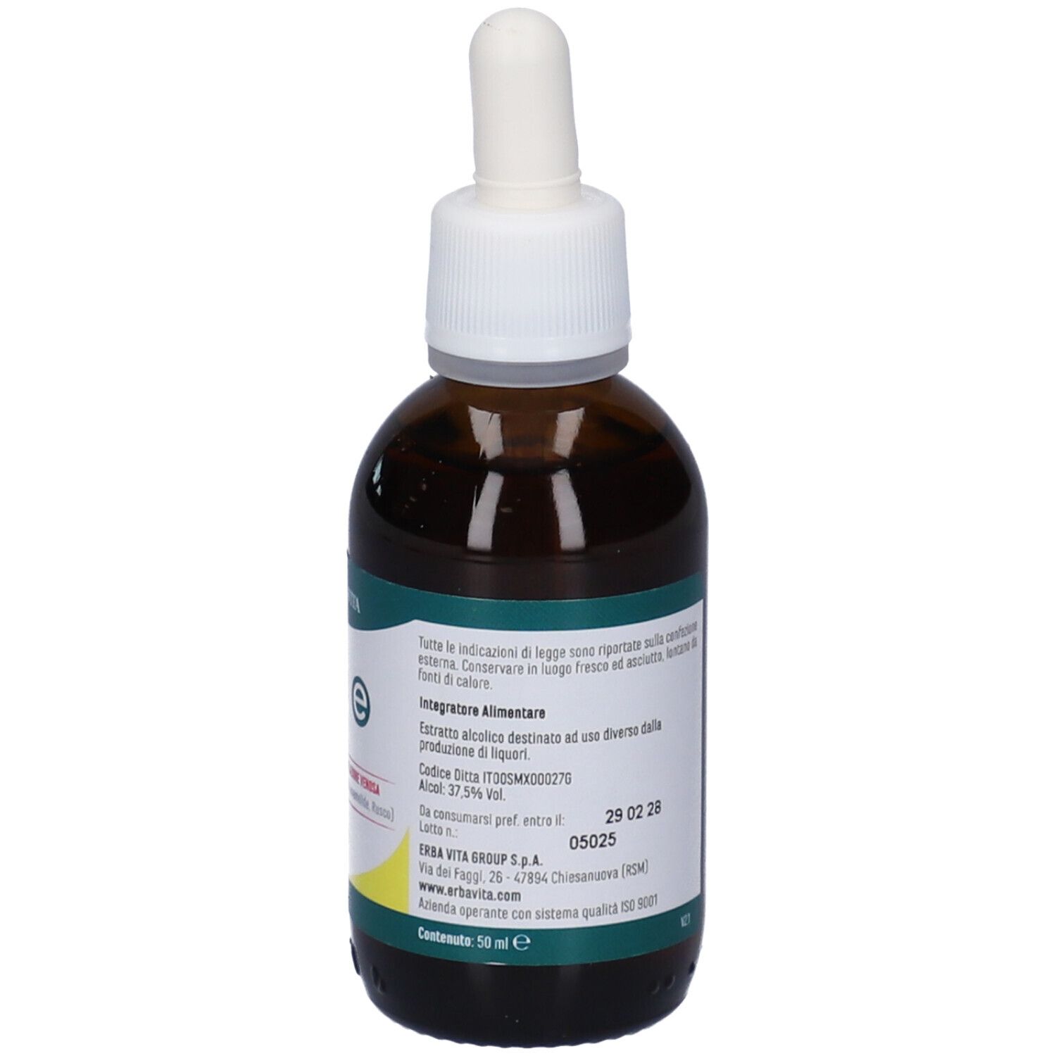 Flacone di vetro marrone con contagocce bianco. Etichetta con testo e informazioni. 50 ml.