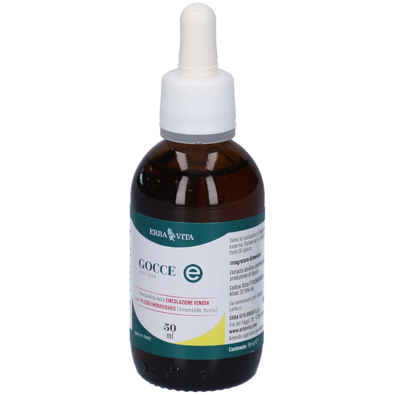 Flacone di vetro marrone con contagocce bianco. Etichetta con testo e logo. 50 ml.