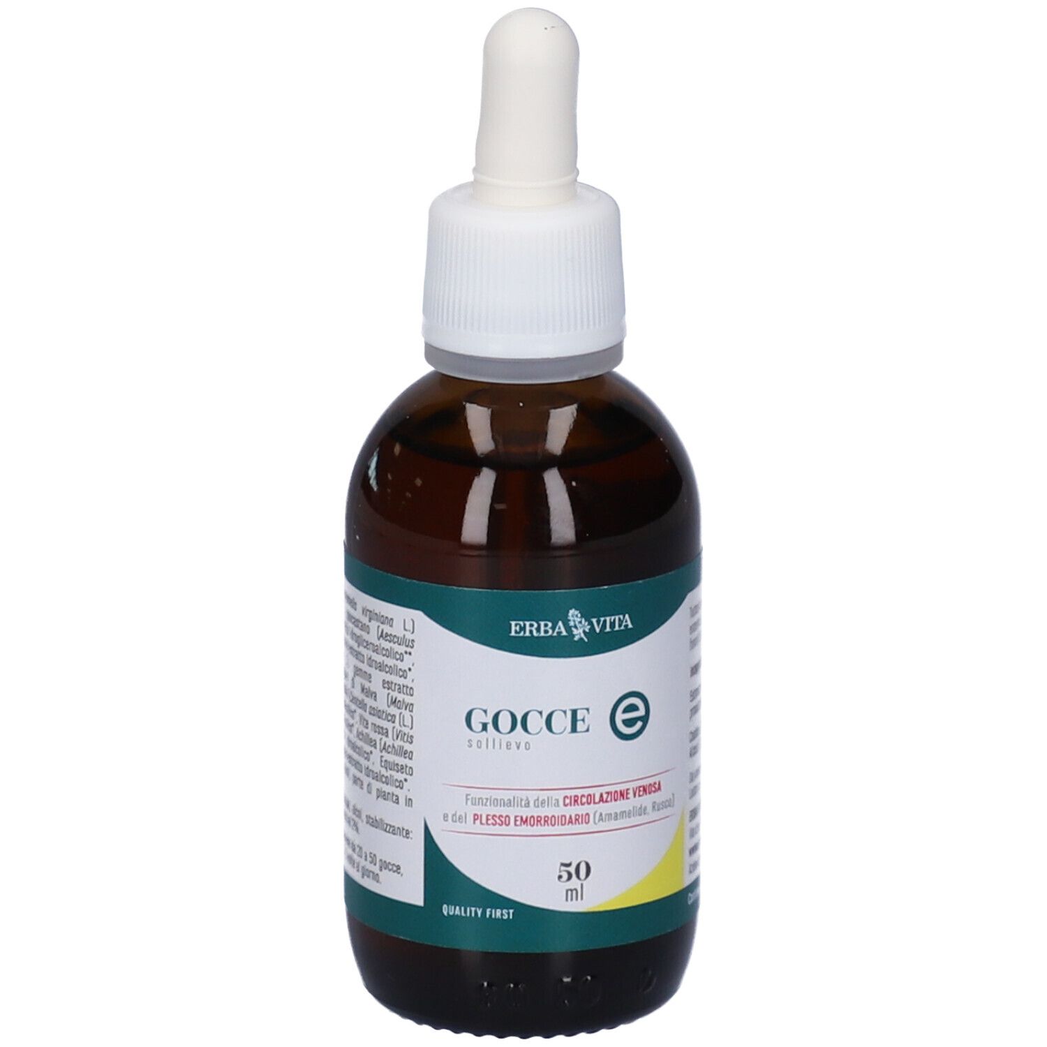 Flacone di vetro marrone con contagocce bianco. Etichetta con testo e logo. 50 ml.