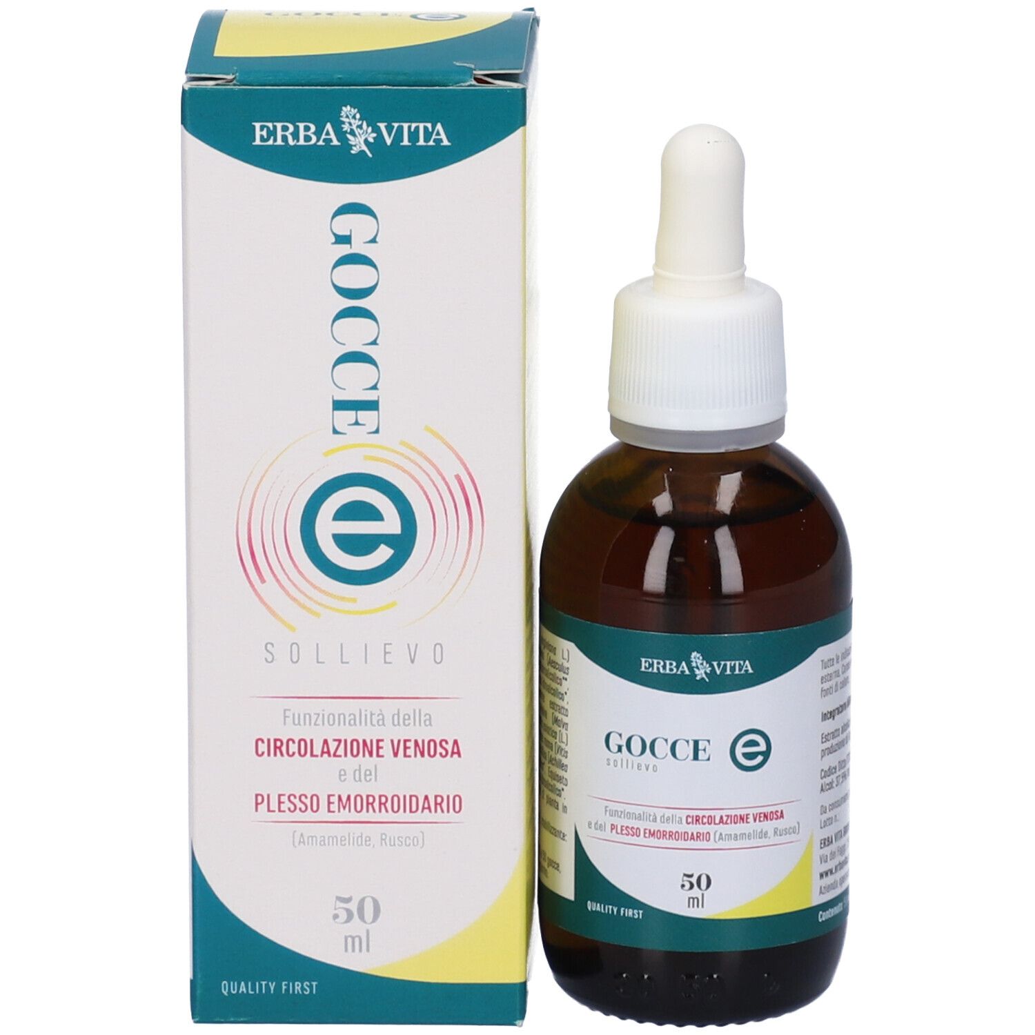 Flacone di vetro marrone con contagocce bianco e confezione. Confezione con testo e logo. 50 ml.