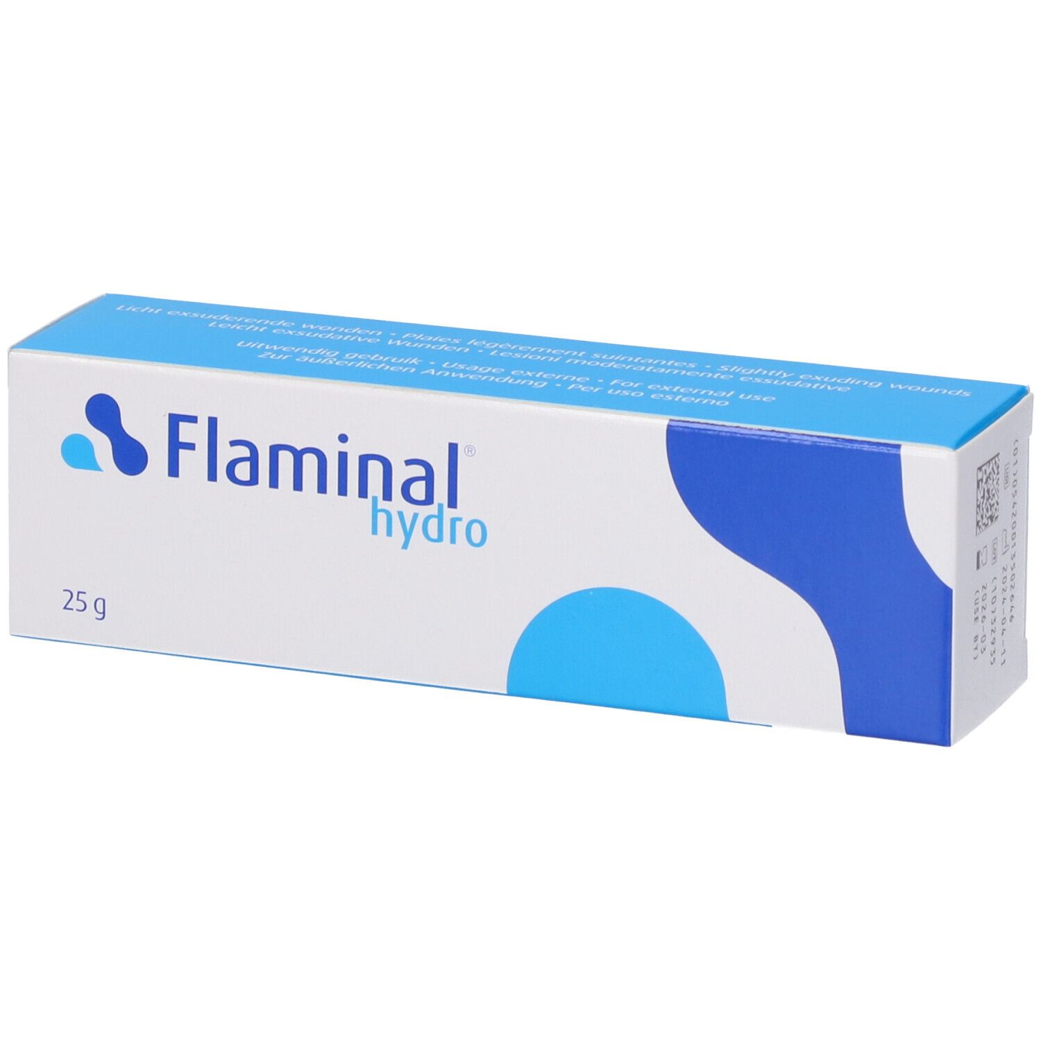 Scatola con nome e logo del prodotto. Colori blu e bianco. Scritta '25 g'.